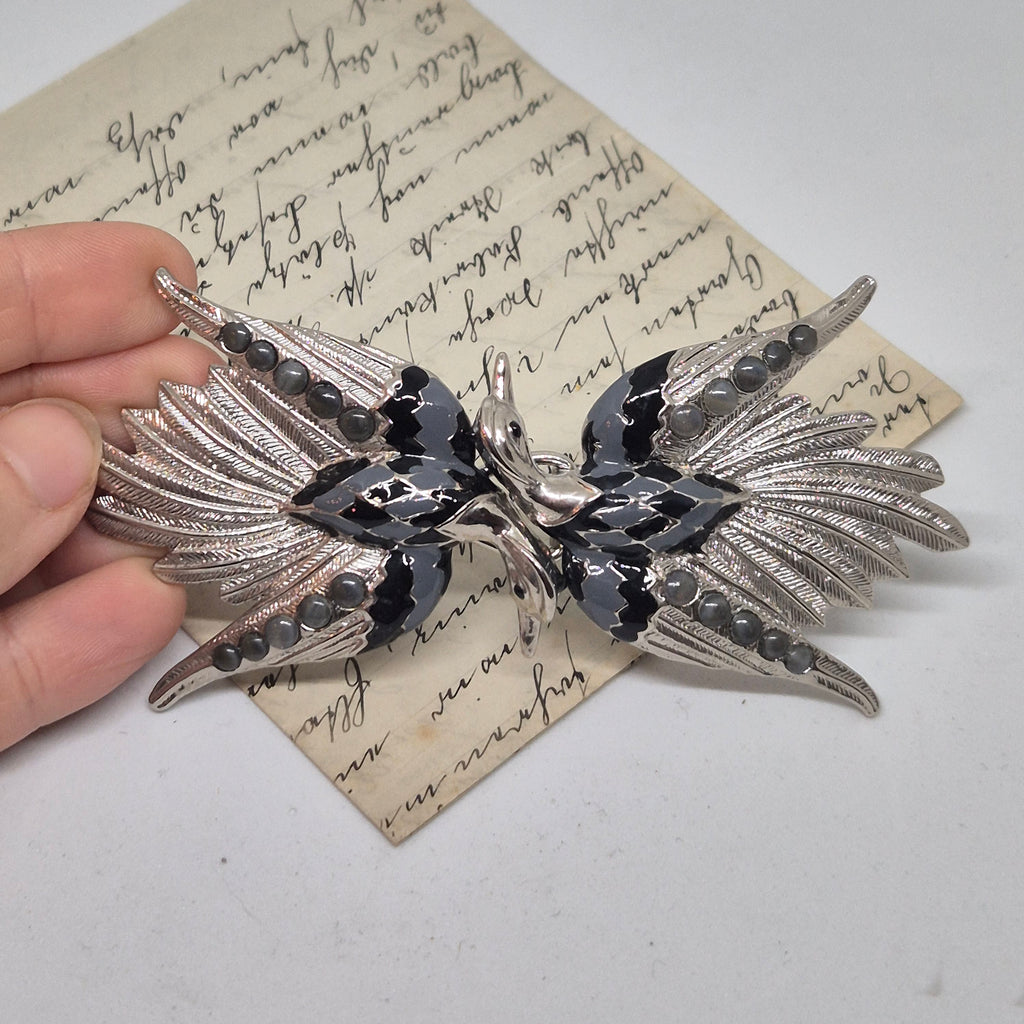 Vintage Gürtelschnalle 2-Teilig Trachtenschnalle Taillengürtel aus den 80ern-Handmade aus Berlin silber grau schwarz Schwan Kranich Vogel