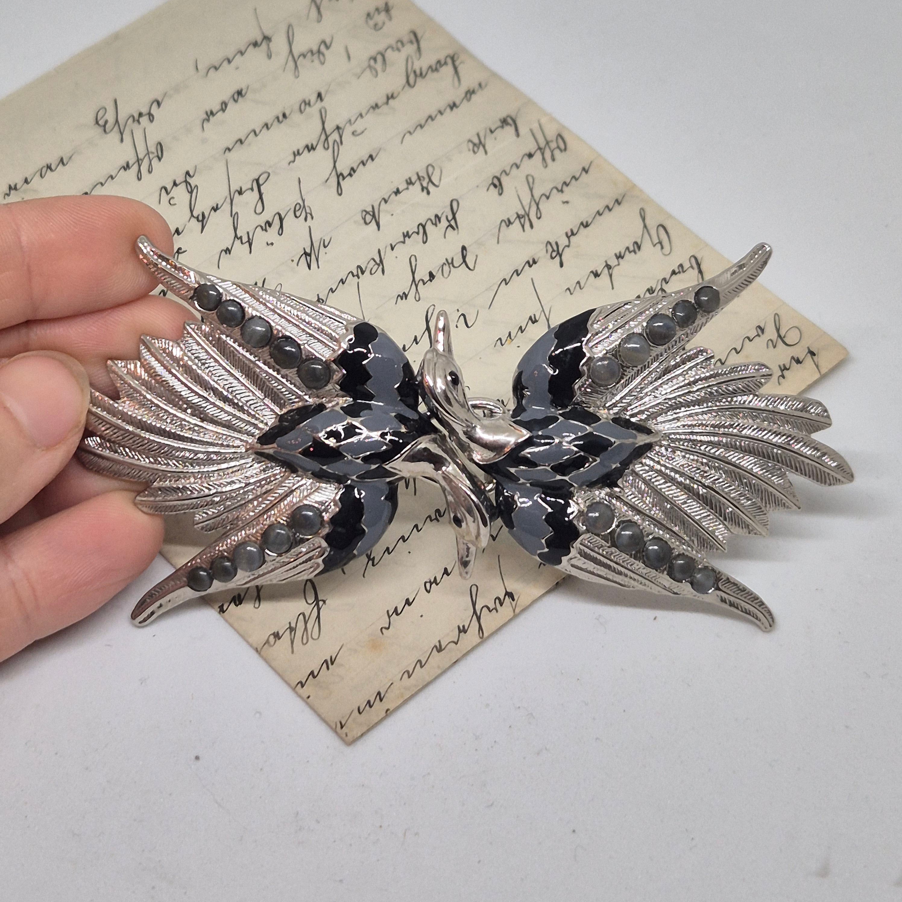 Vintage Gürtelschnalle 2-Teilig Trachtenschnalle Taillengürtel aus den 80ern-Handmade aus Berlin silber grau schwarz Schwan Kranich Vogel
