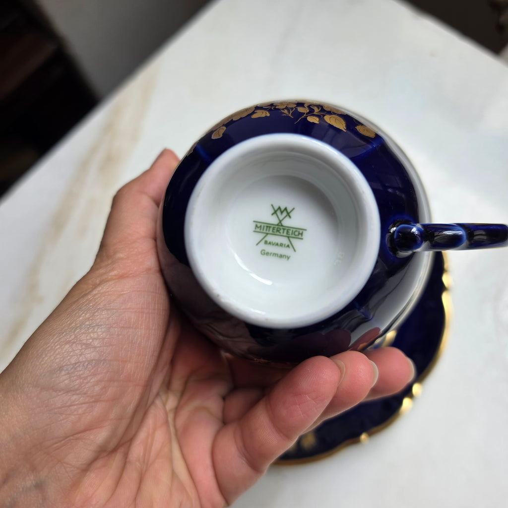 Vintage Mitterteich Bavaria Porzellan Sammelgedeck – Kobaltblau mit Golddekor (3-teilig)