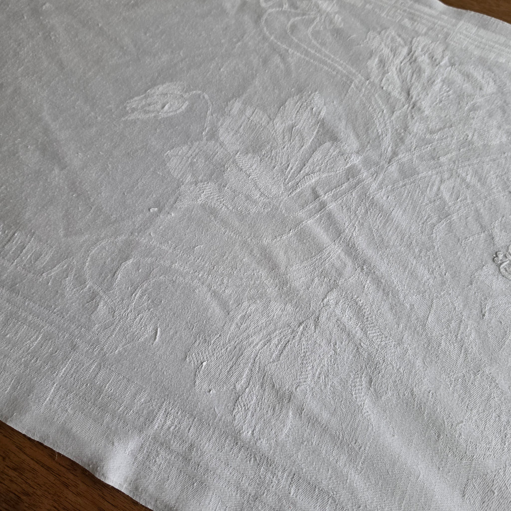 Antikes Jugendstil Damast-Geschirrtuch mit handgesticktem Monogramm – Um 1900 - 49x112cm