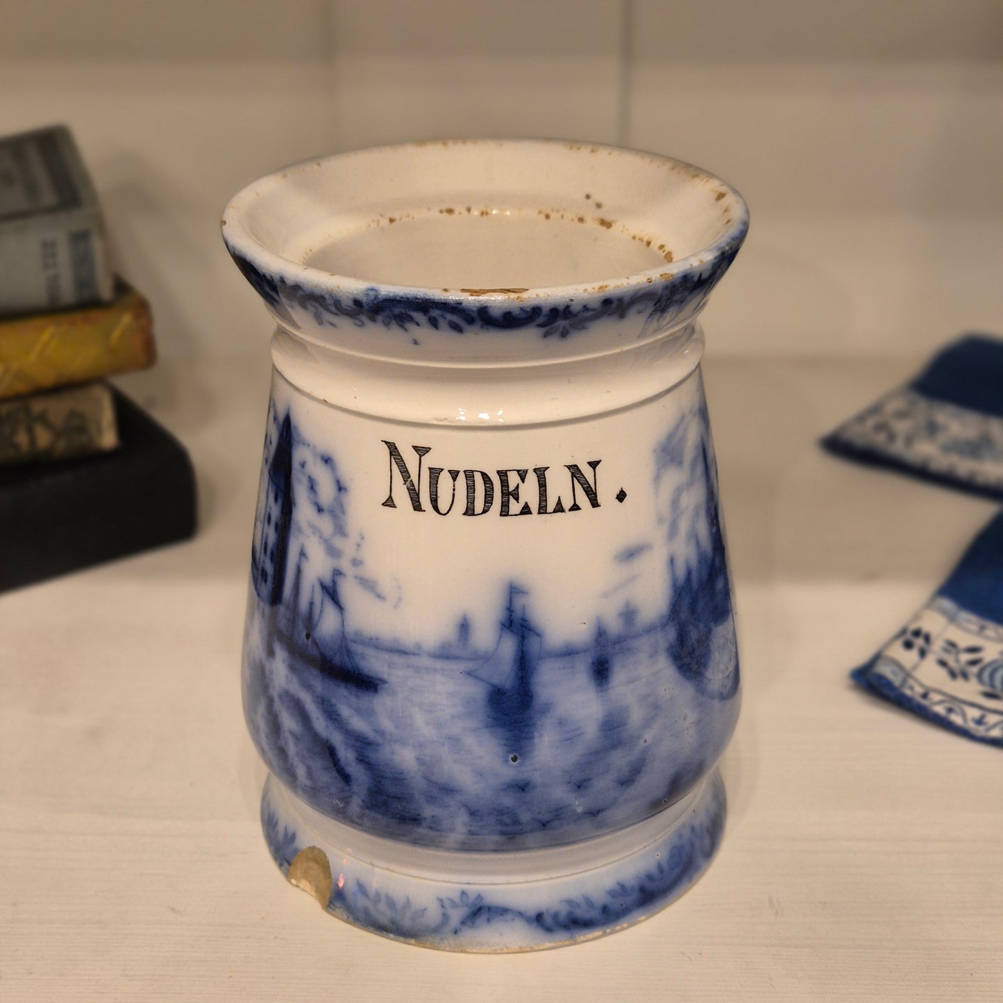 Antike H.H & Cie Delft Vorratsdose ohne Deckel blau weiß 120Jahre alt Kochlöffelhalter Aufschrift "Nudeln"