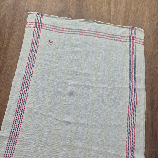 Antikes Leinen Geschirr-& Küchentuch Monogramm E.S. 90x45cm blau rot weiß