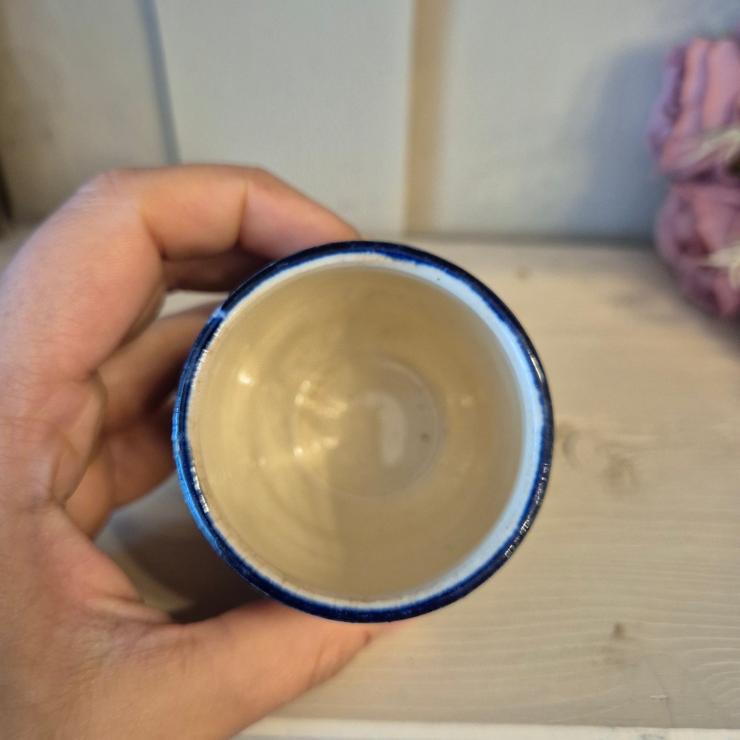 Alte kleine Keramik Gewürzdose mit Deckel mit Aufschrift " Pfeffer" blau weiß