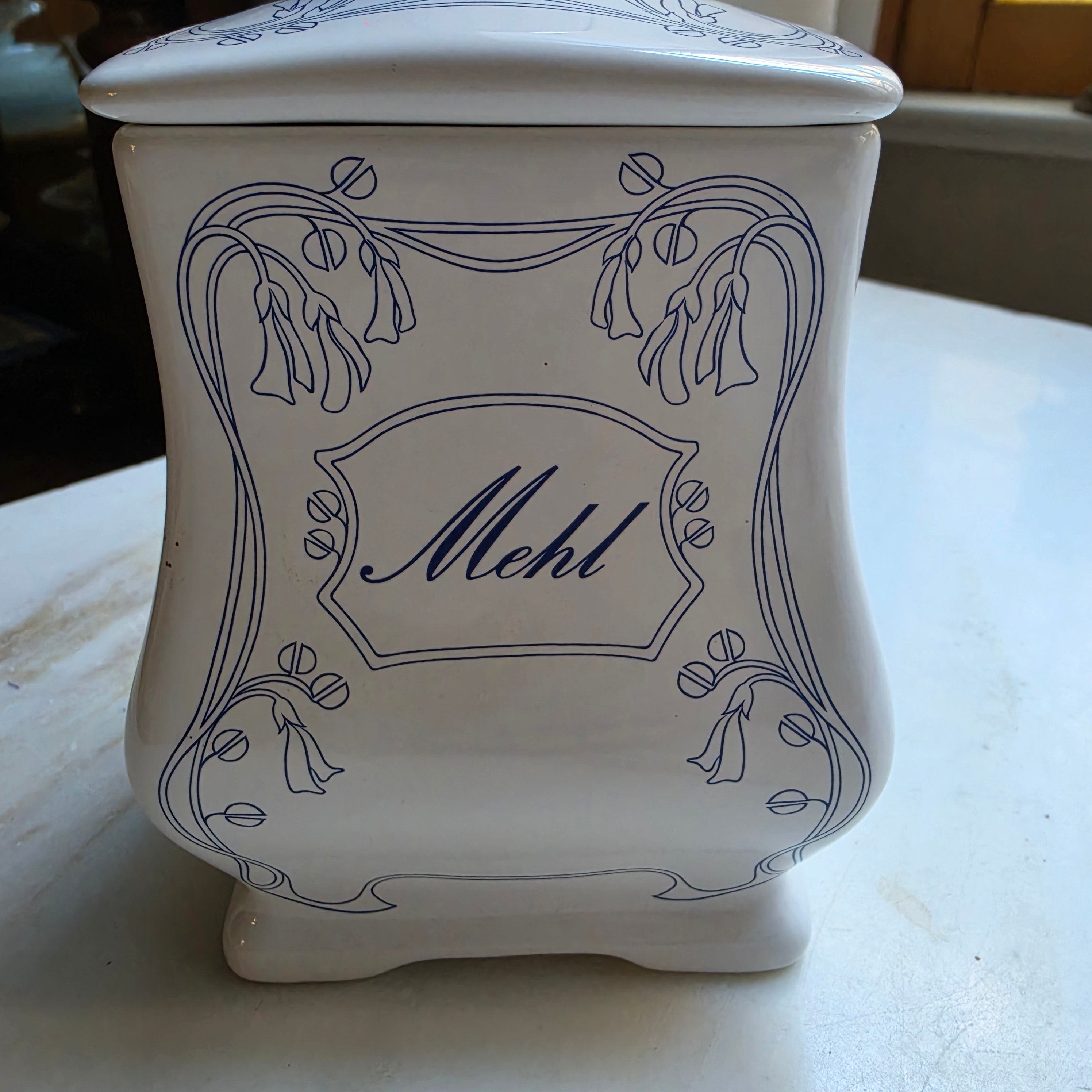 Alte Vorratsdose Biedermeier Stil Mehl weiß blau Porzellan