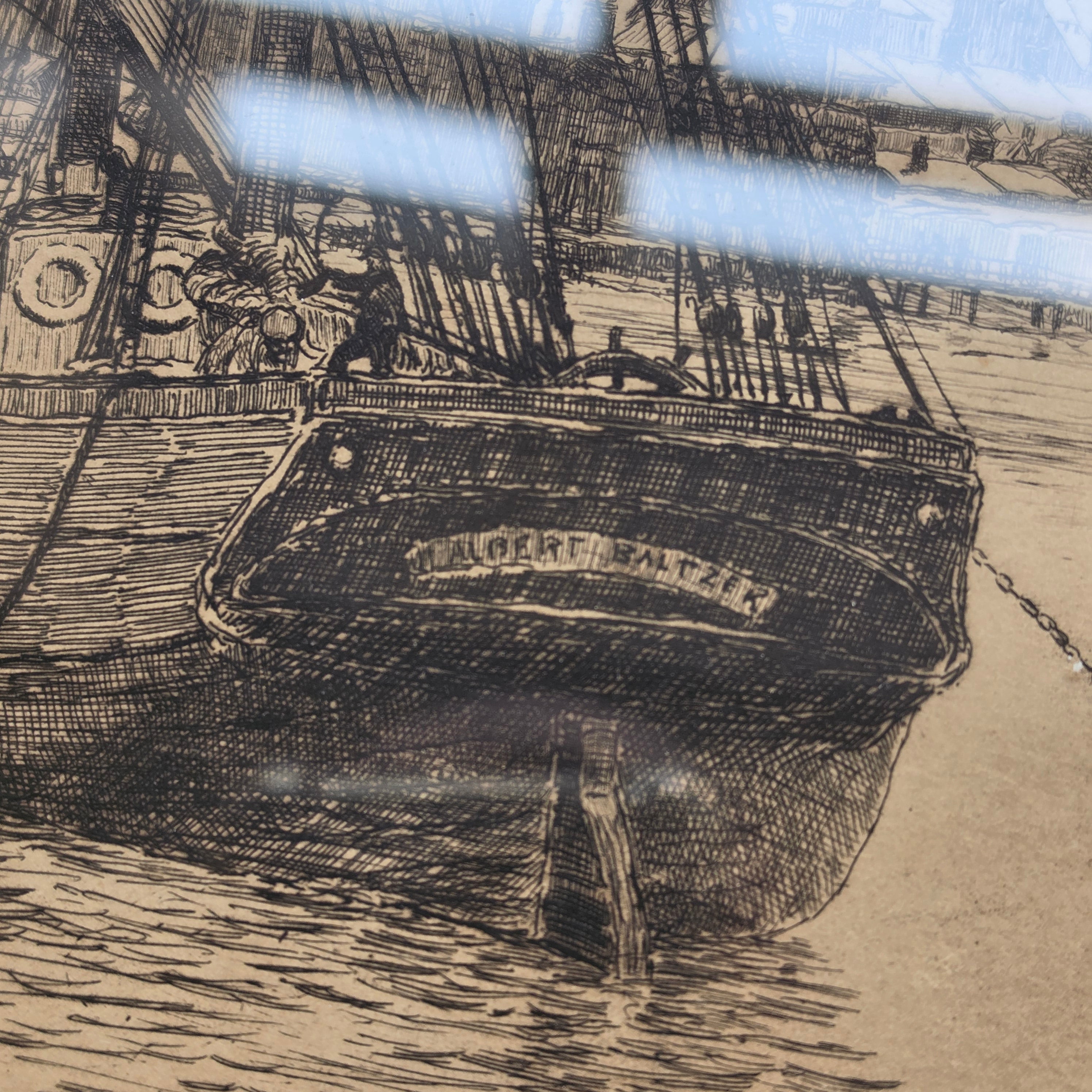 Antike Maritime Radierung „Segelschiff Albert Baltzer“ – Handsigniert & Datiert (1910)