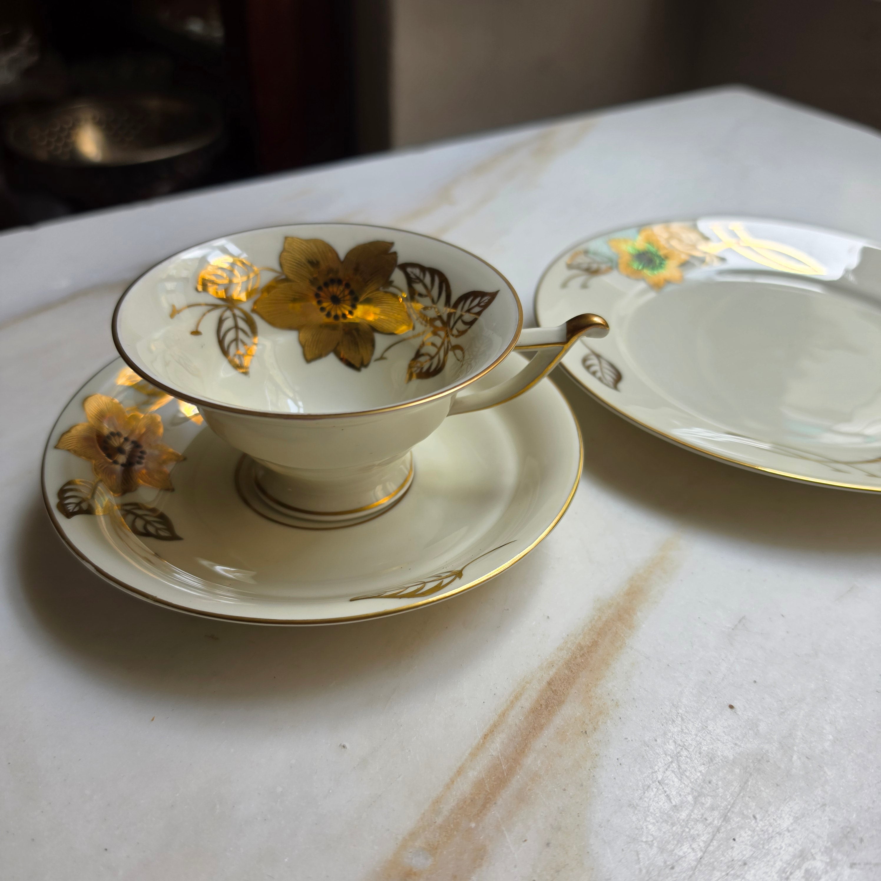 Vintage Alka-Kunst Kronach Kaffeegedeck 3-teilig – Goldblumen & Elfenbein-Porzellan (ca. 1950er)