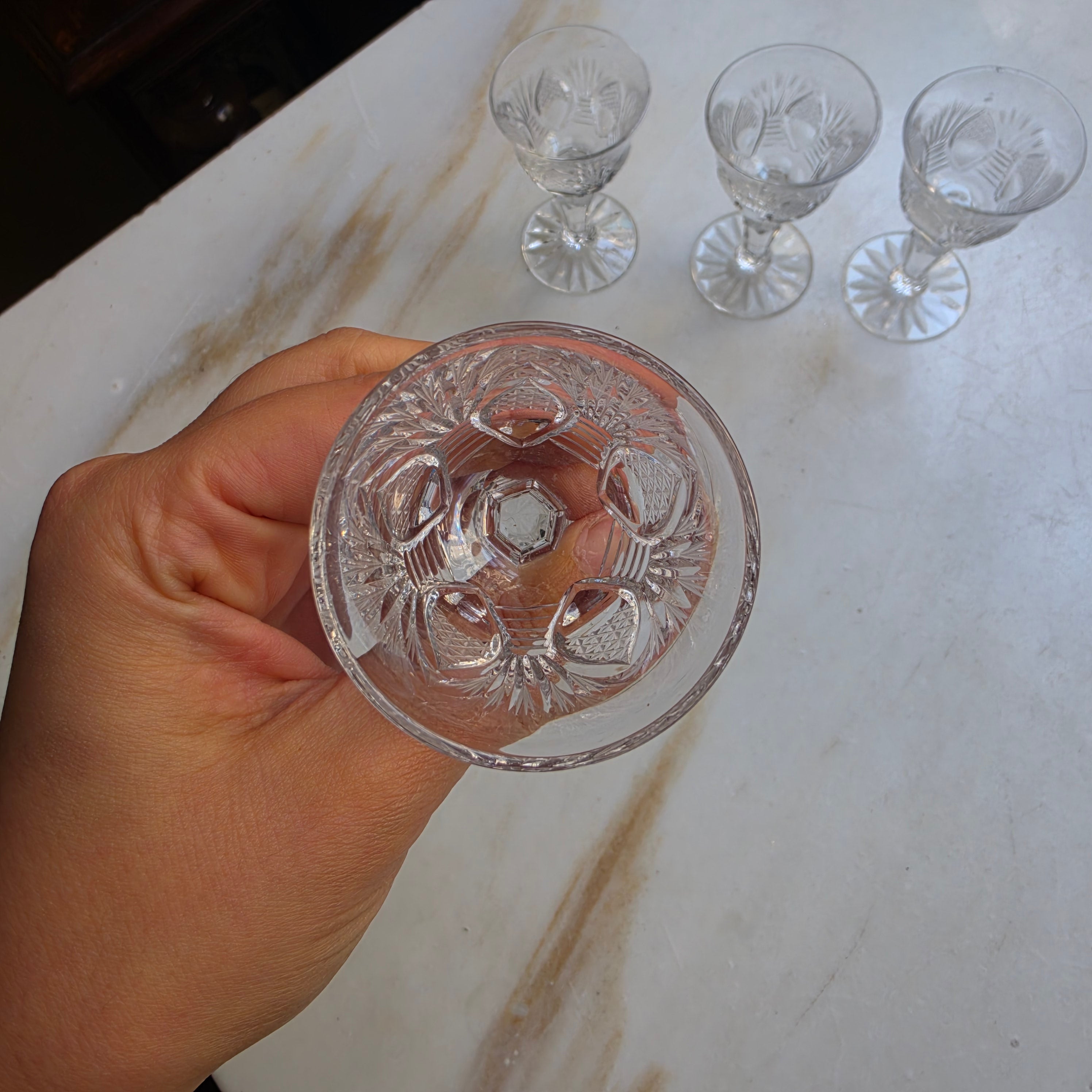 4x Vintage Kristall Schnaps Likör Wein Gläser Mid-Century Cocktail Bar klein