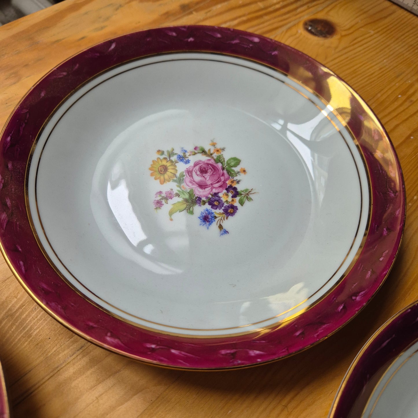 6x Antike tiefe Speiseteller Blumendekor weiß mit lila Goldrand