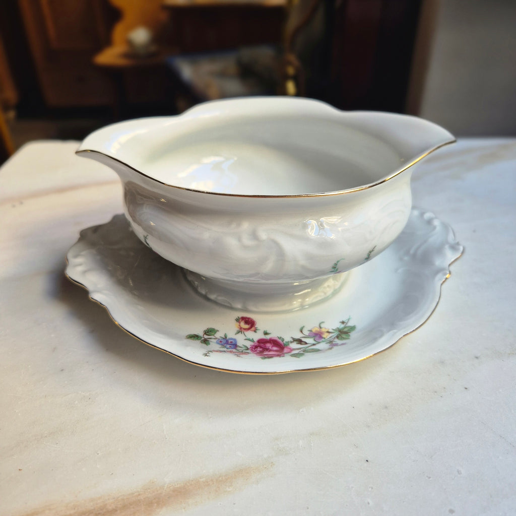 Antike Porzellan Sauciere weiß mit Blumendekor Wawel Polen