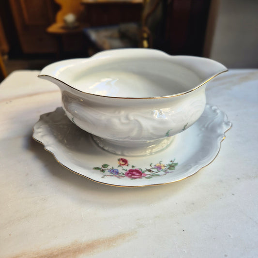 Antike Porzellan Sauciere weiß mit Blumendekor Wawel Polen