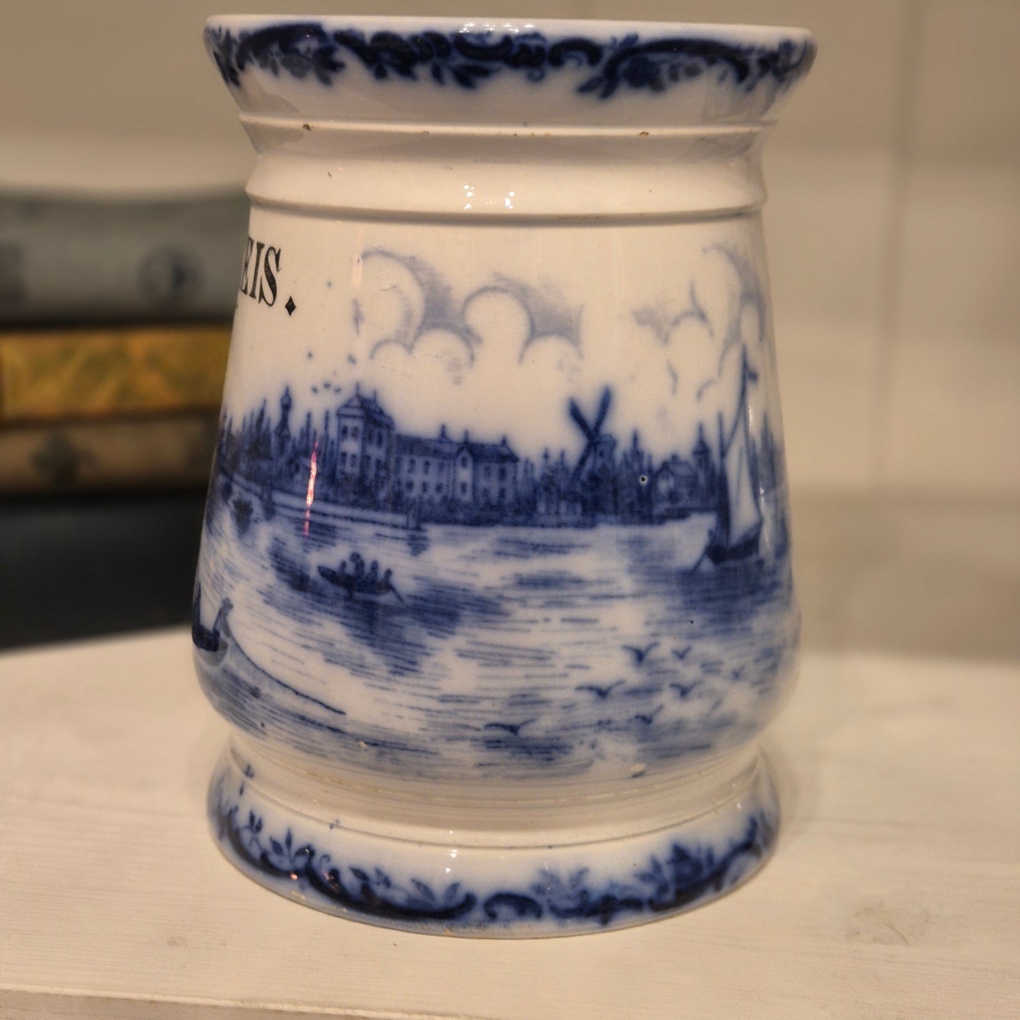 Antike H.H & Cie Delft Vorratsdose ohne Deckel blau weiß 120Jahre alt Kochlöffelhalter Aufschrift "Reis"