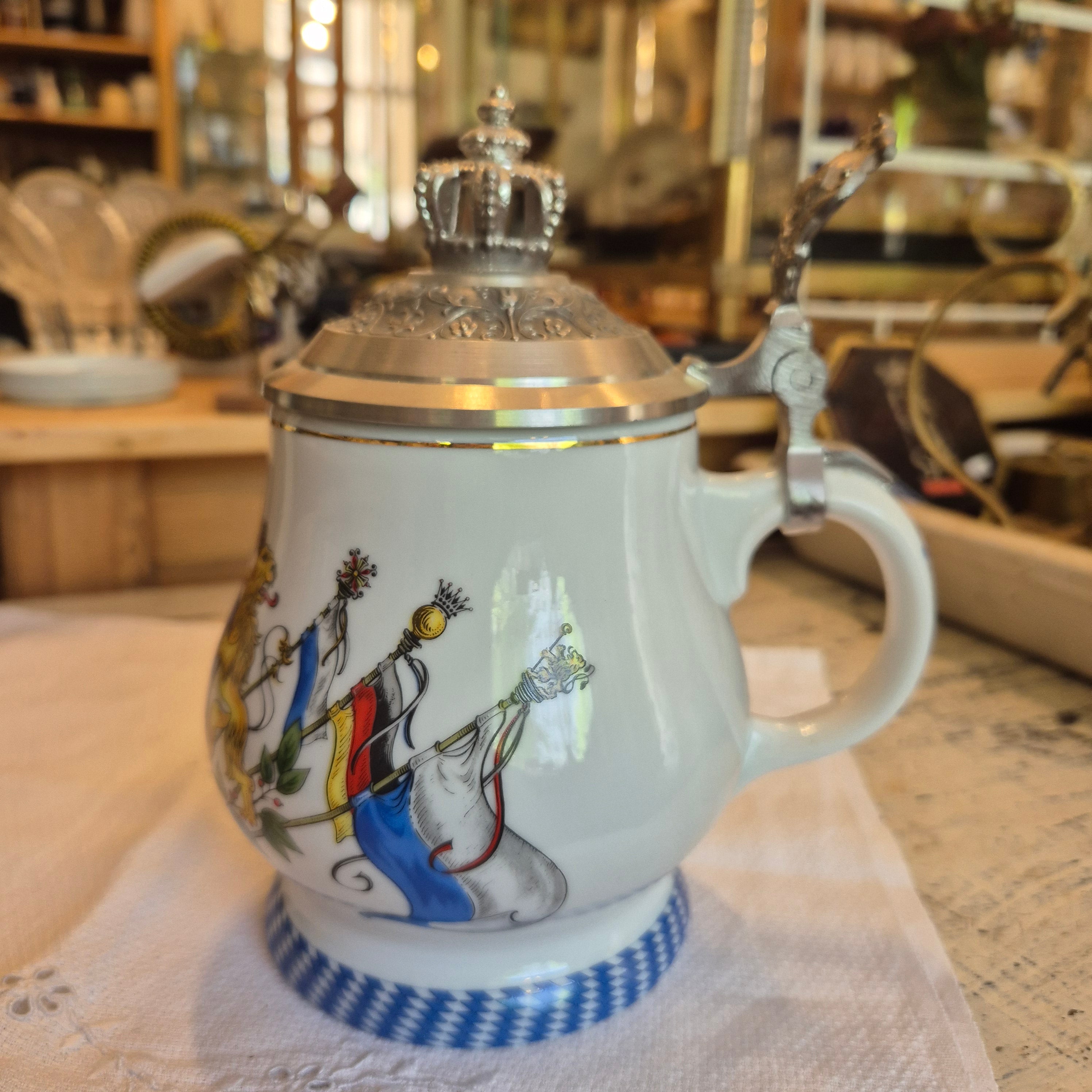 Vintage Porzellan Zinn Bierkrug mit Deckel Geschenk Kühr Sandizell Krug