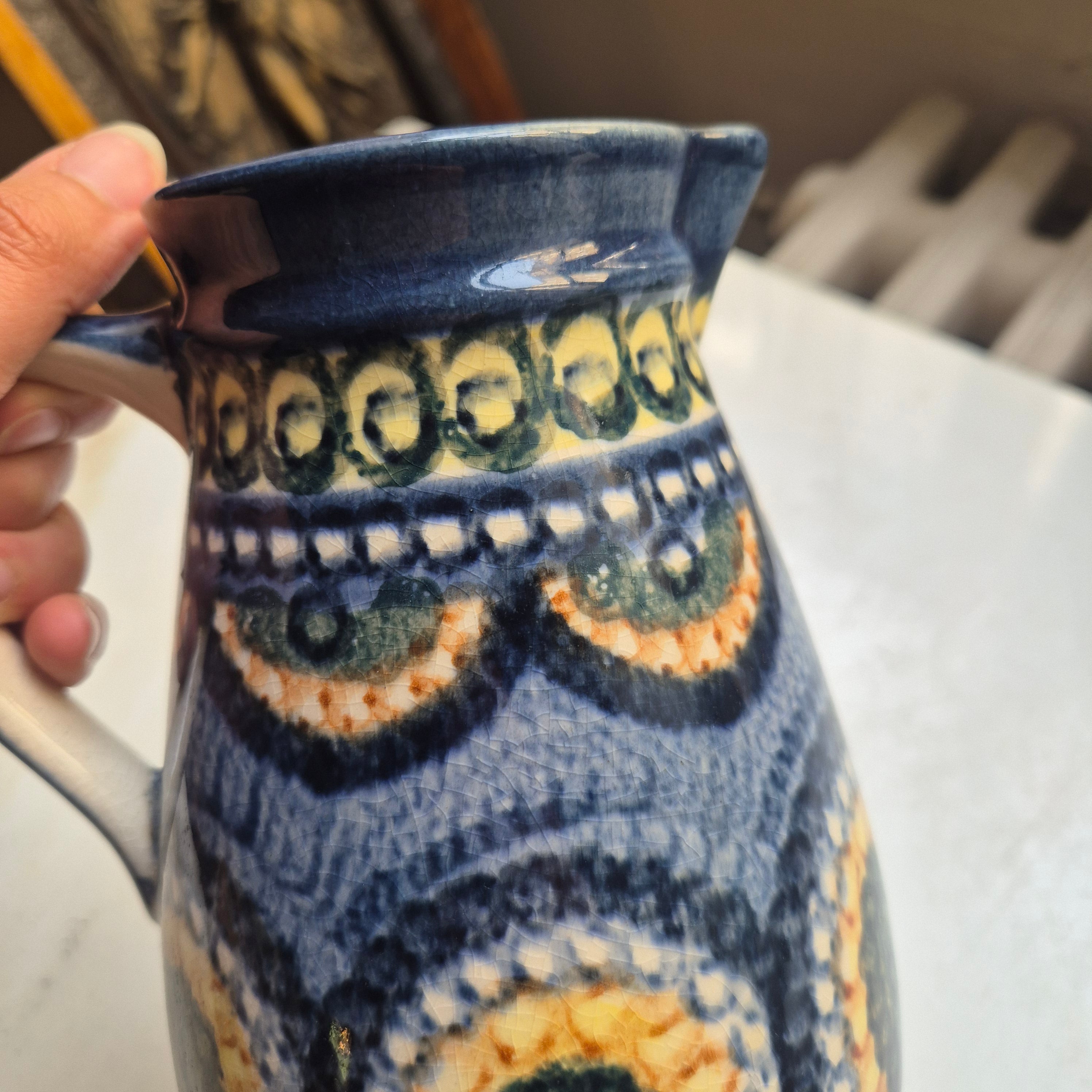 60er Jahre Midcentury Krug Vase blau mit Henkel alt