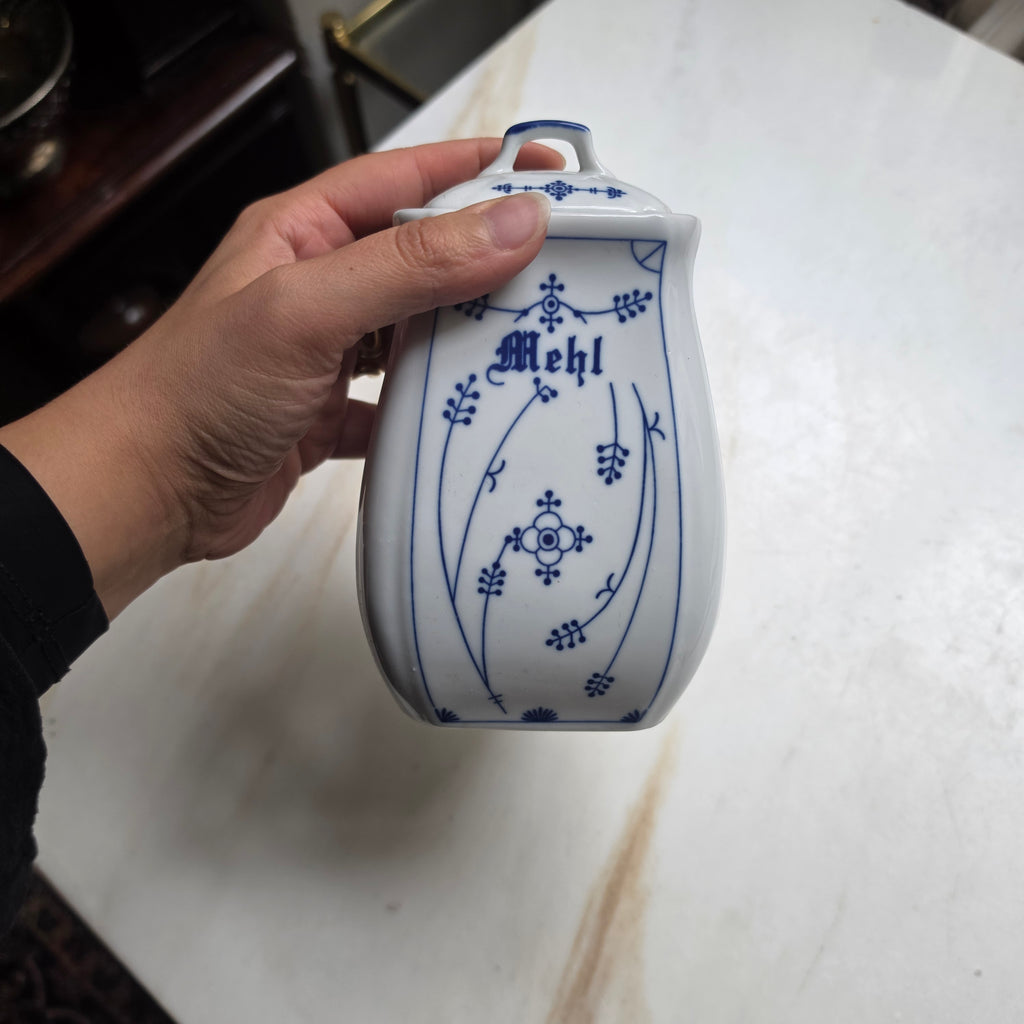 Antike Mehldose aus Porzellan mit Deckel – Zwiebelmuster / Strohmuster Blau-Weiß – Vintage Vorratsdose Küche