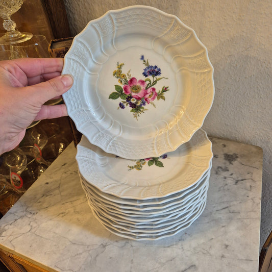 12x Antike Hutschenreuther  Porzellan Kuchenteller mit Blumenmotiv Reliefrand