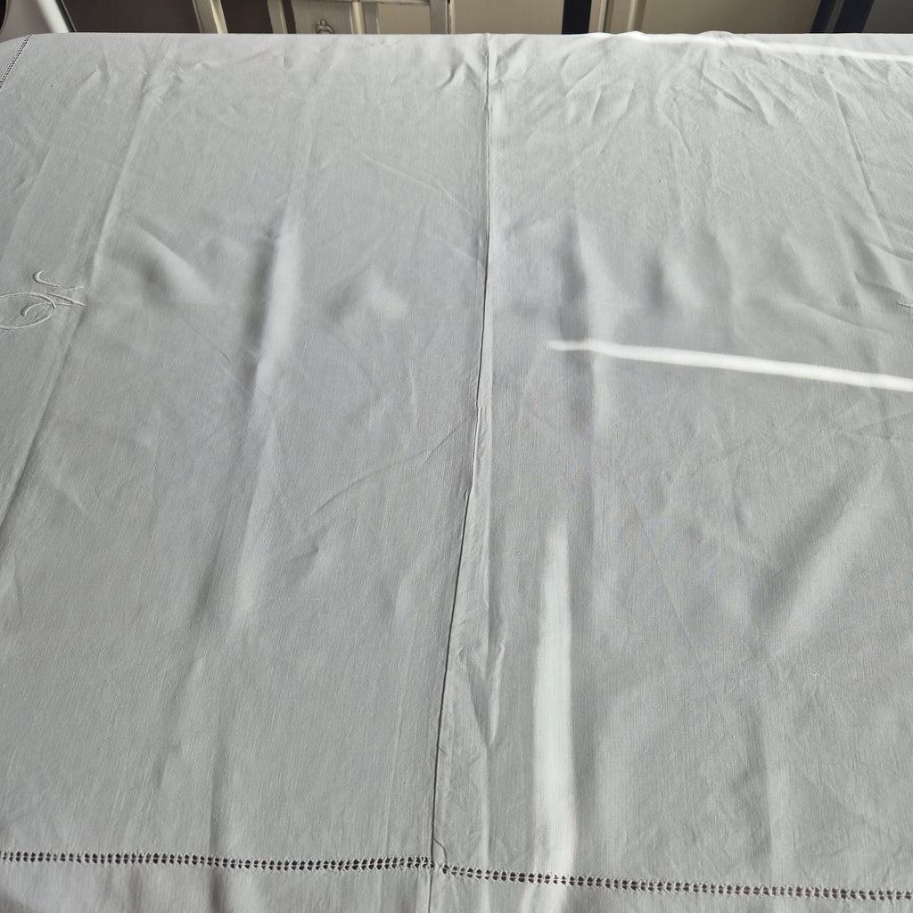 Antike Tischwäsche Leinen/Baumwolle Spitze weiß 120x140cm Tafel Königlich wunderschön! Monogramm M.O. ein Fleck 🤍