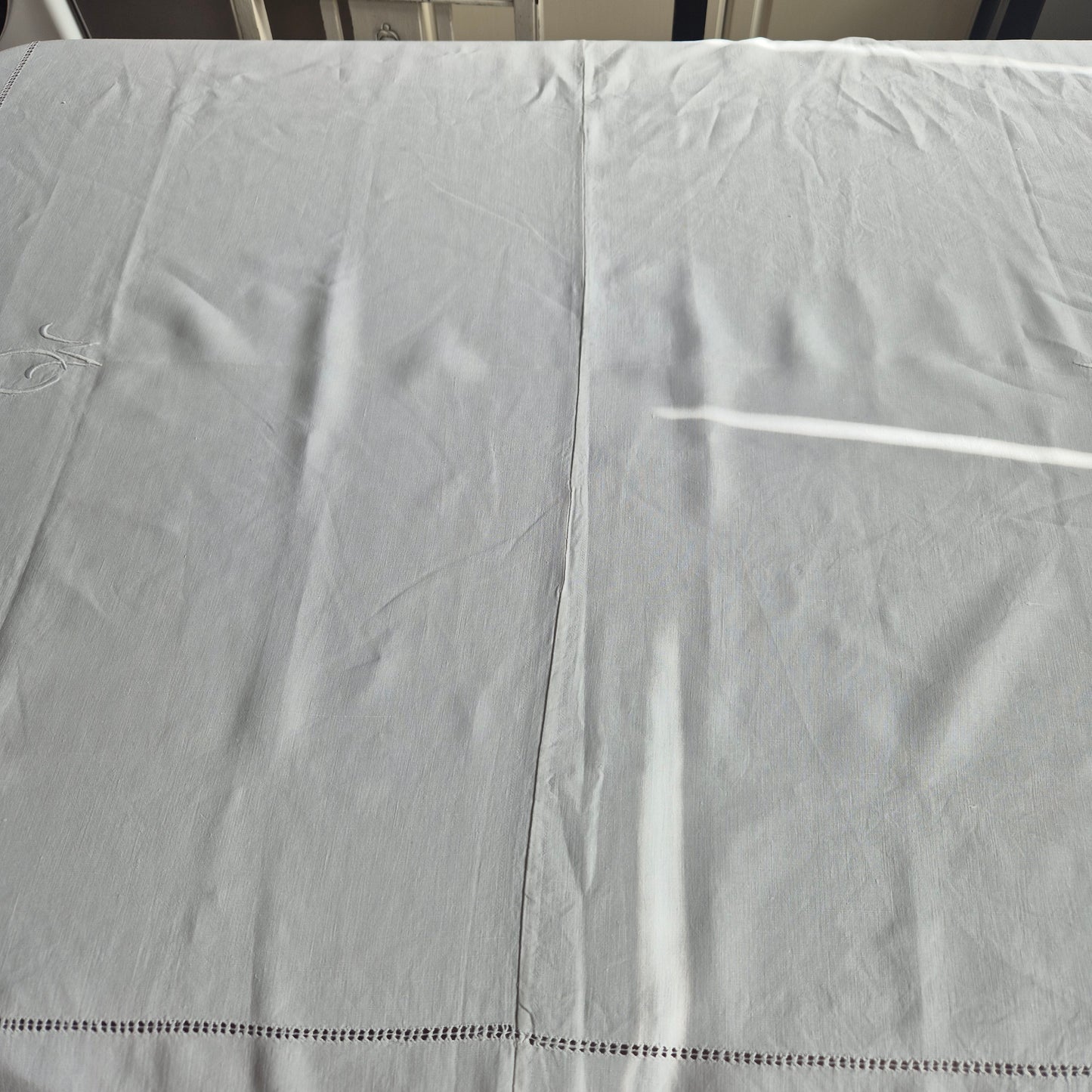 Antike Tischwäsche Leinen/Baumwolle Spitze weiß 120x140cm Tafel Königlich wunderschön! Monogramm M.O. ein Fleck 🤍