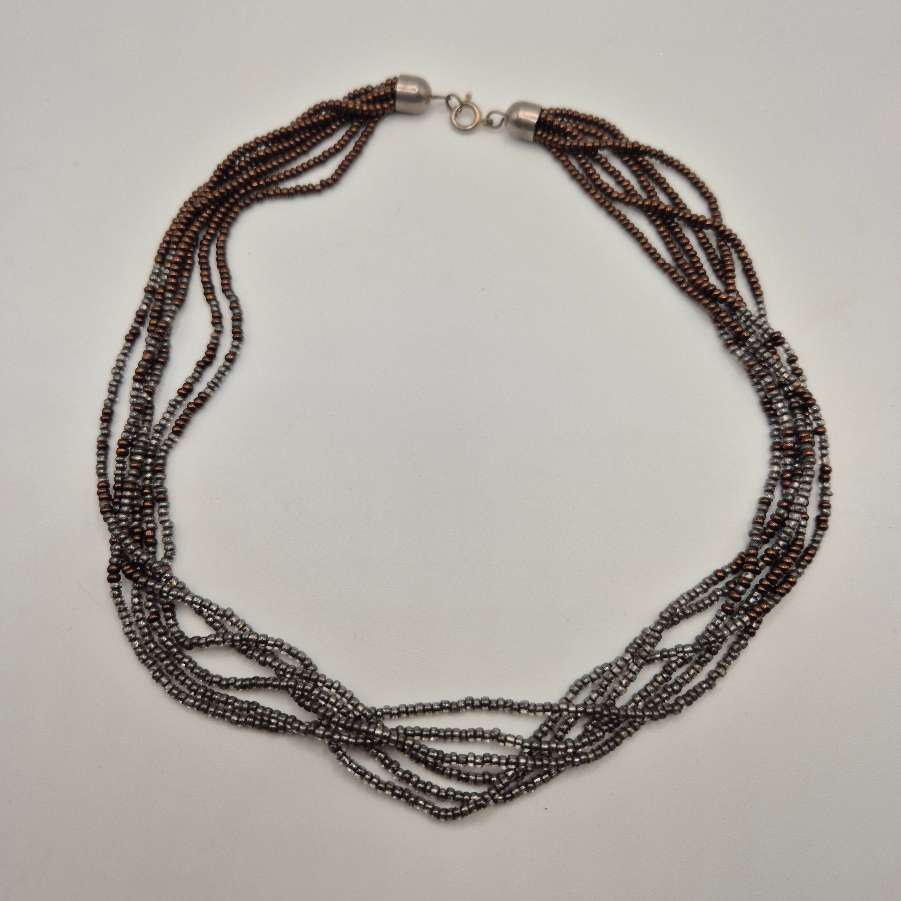 Vintage Multi-Strand Halskette Perlenkette grau braun