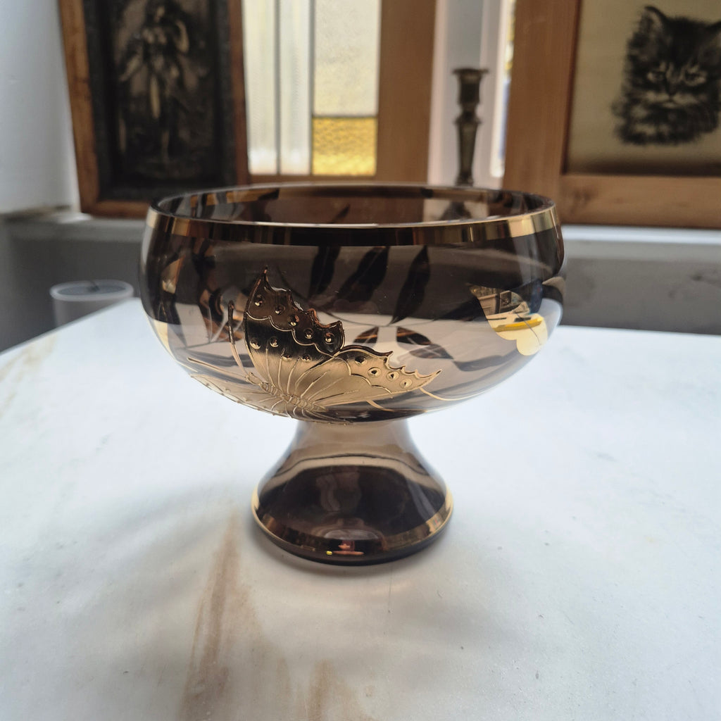Glas Schale auf Fuß rauchig schwarz grau Gold Blumendekor Schmetterling oder auch Pflanzentopf