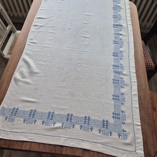 Antike bestickte Kommodenläufer oder blickdichter Vorhang Leinen/Baumwolle weiß/blau