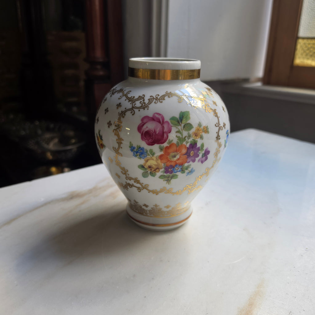 Edle Vintage Kugelvase aus Porzellan – Schumann Bavaria Filigranes Golddekor & Blumenbouquet