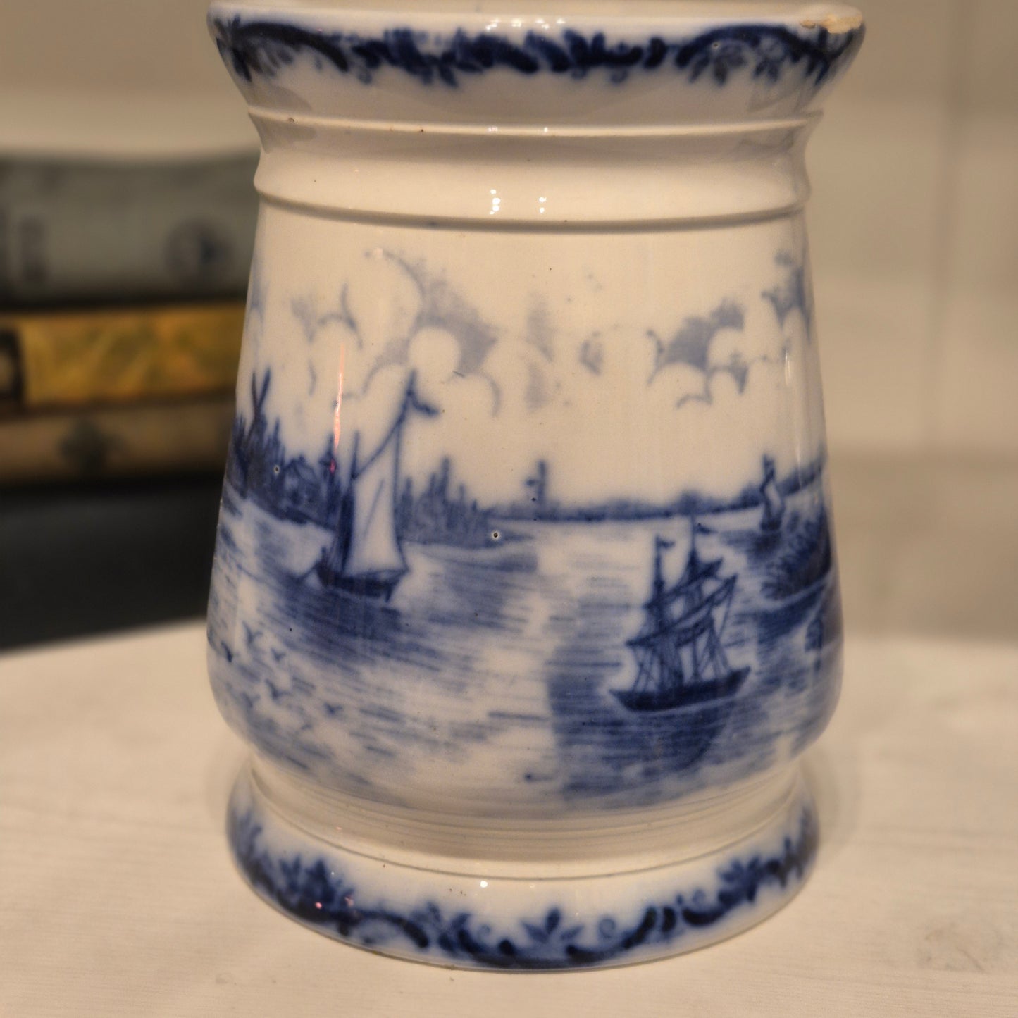 Antike H.H & Cie Delft Vorratsdose ohne Deckel blau weiß 120Jahre alt Kochlöffelhalter Aufschrift "Reis"