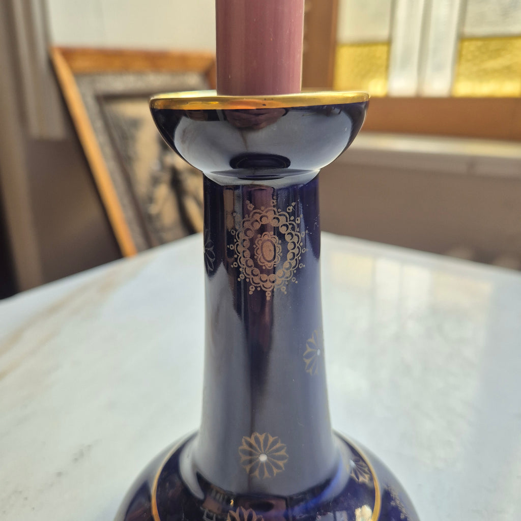 Antiker Kerzenhalter Porzellan Kobalt blau gold