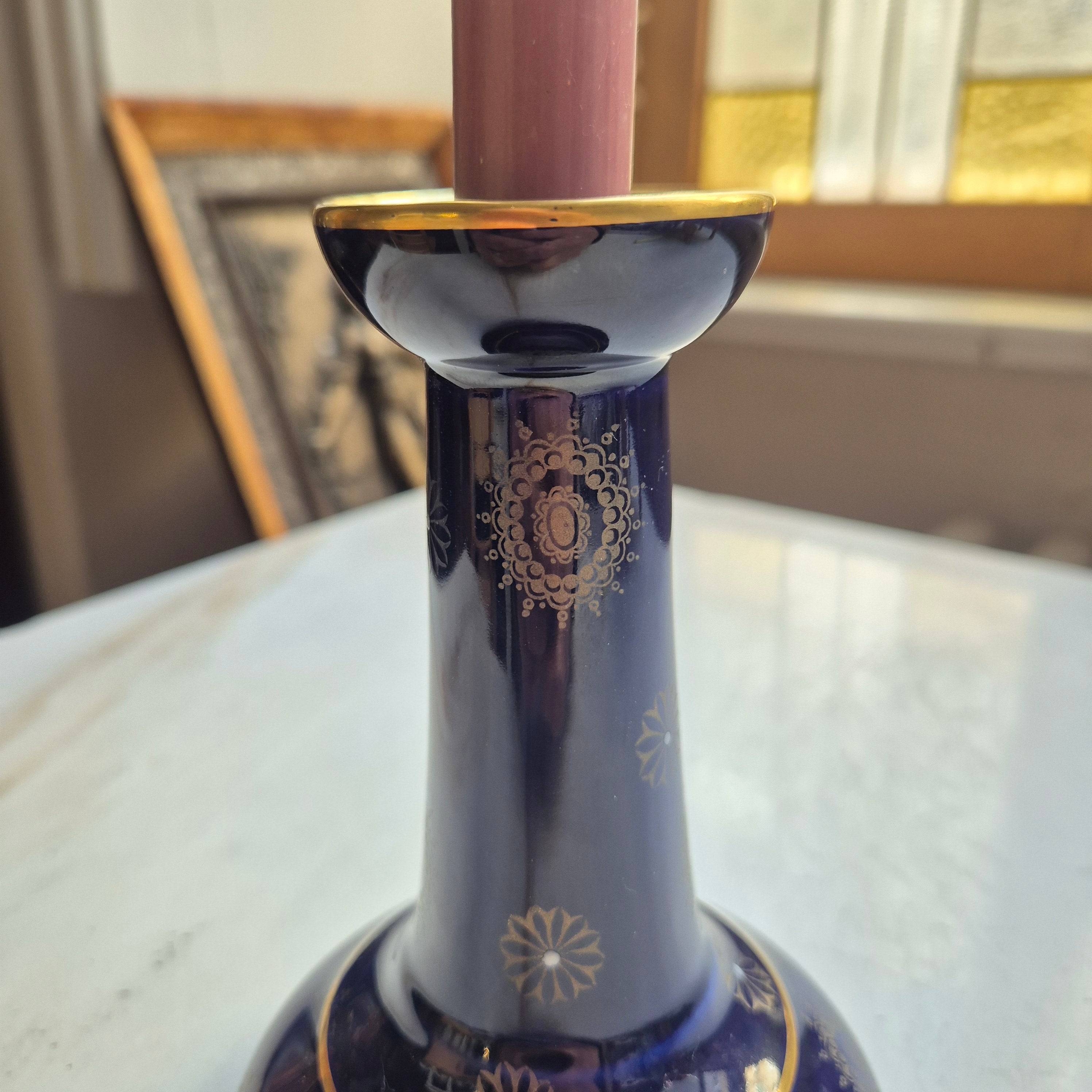 Antiker Kerzenhalter Porzellan Kobalt blau gold