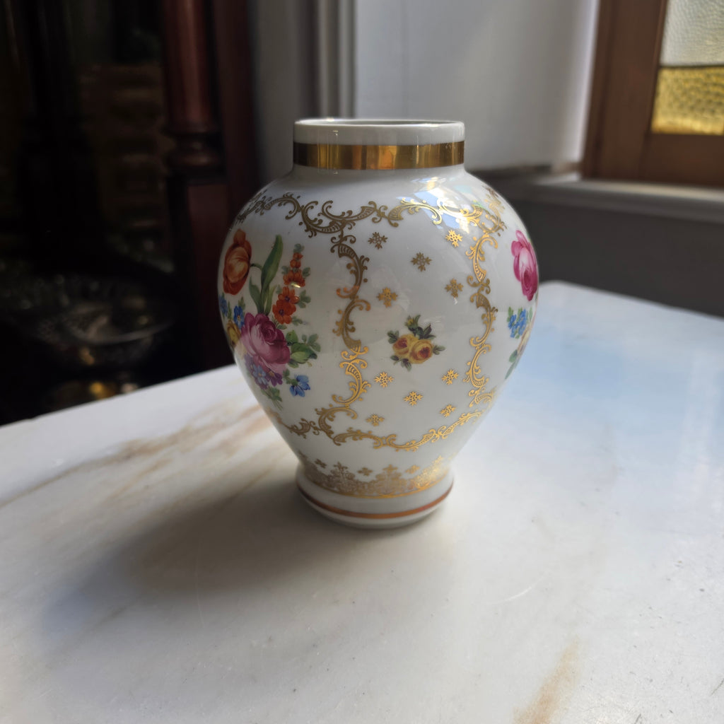 Edle Vintage Kugelvase aus Porzellan – Schumann Bavaria Filigranes Golddekor & Blumenbouquet