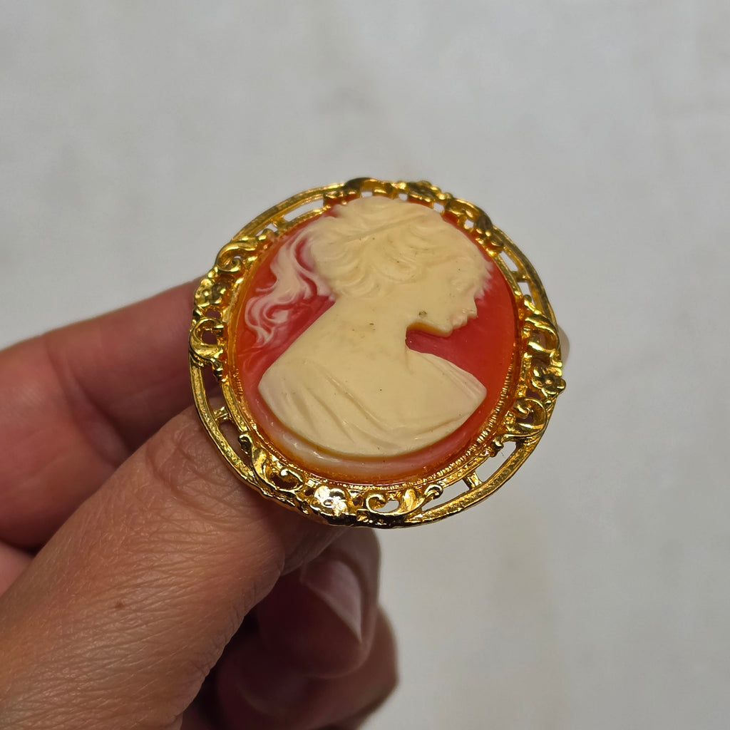Elegante Vintage-Kamee-Brosche im Goldrahmen – Klassische Frauen-Silhouette auf rötlichem Hintergrund