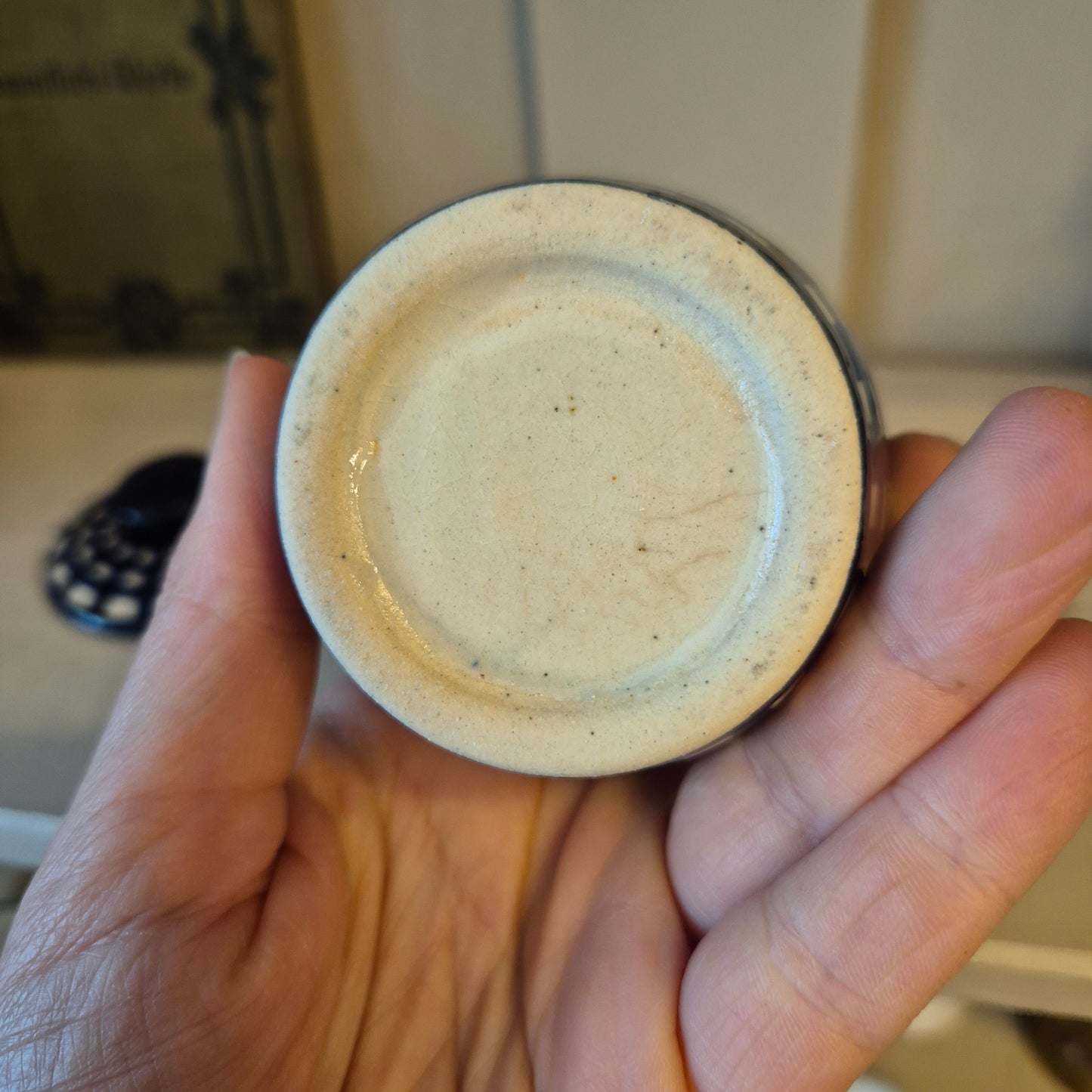 Alte kleine Keramik Gewürzdose mit Deckel mit Aufschrift " Pfeffer" blau weiß