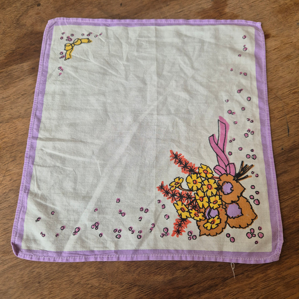 Vintage Stofftaschentuch weiß lila bedruckt DDR Baumwolle 25x26cm