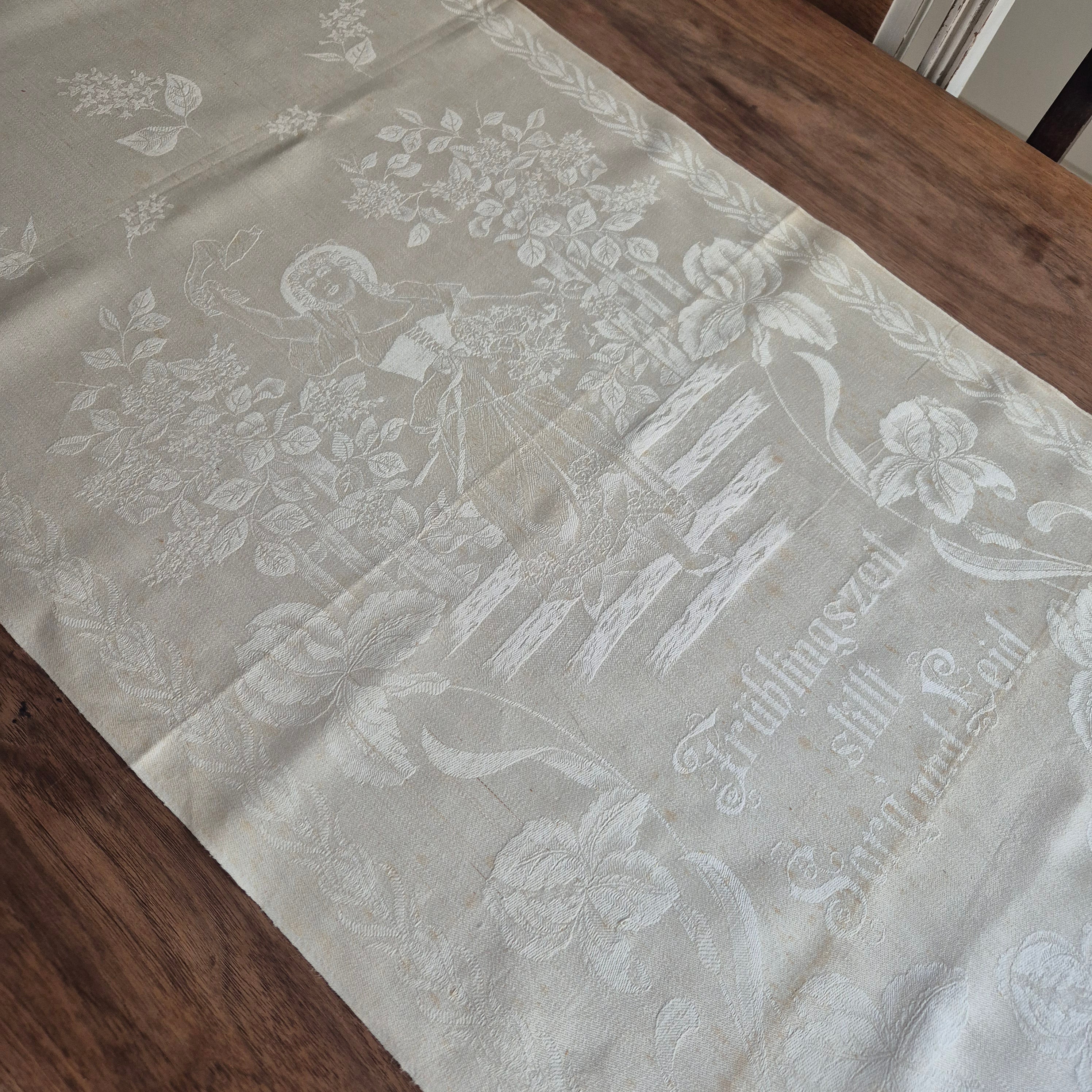 Antikes Jugendstil Küchen-&Geschirrtuch mit Spruch: "Frühlingsgefühle still Sorg und Leid" Damast beige cremeweiß🤍