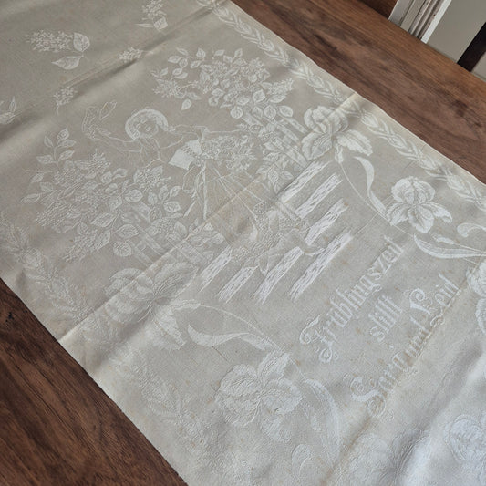 Antikes Jugendstil Küchen-&Geschirrtuch mit Spruch: "Frühlingsgefühle still Sorg und Leid" Damast beige cremeweiß🤍
