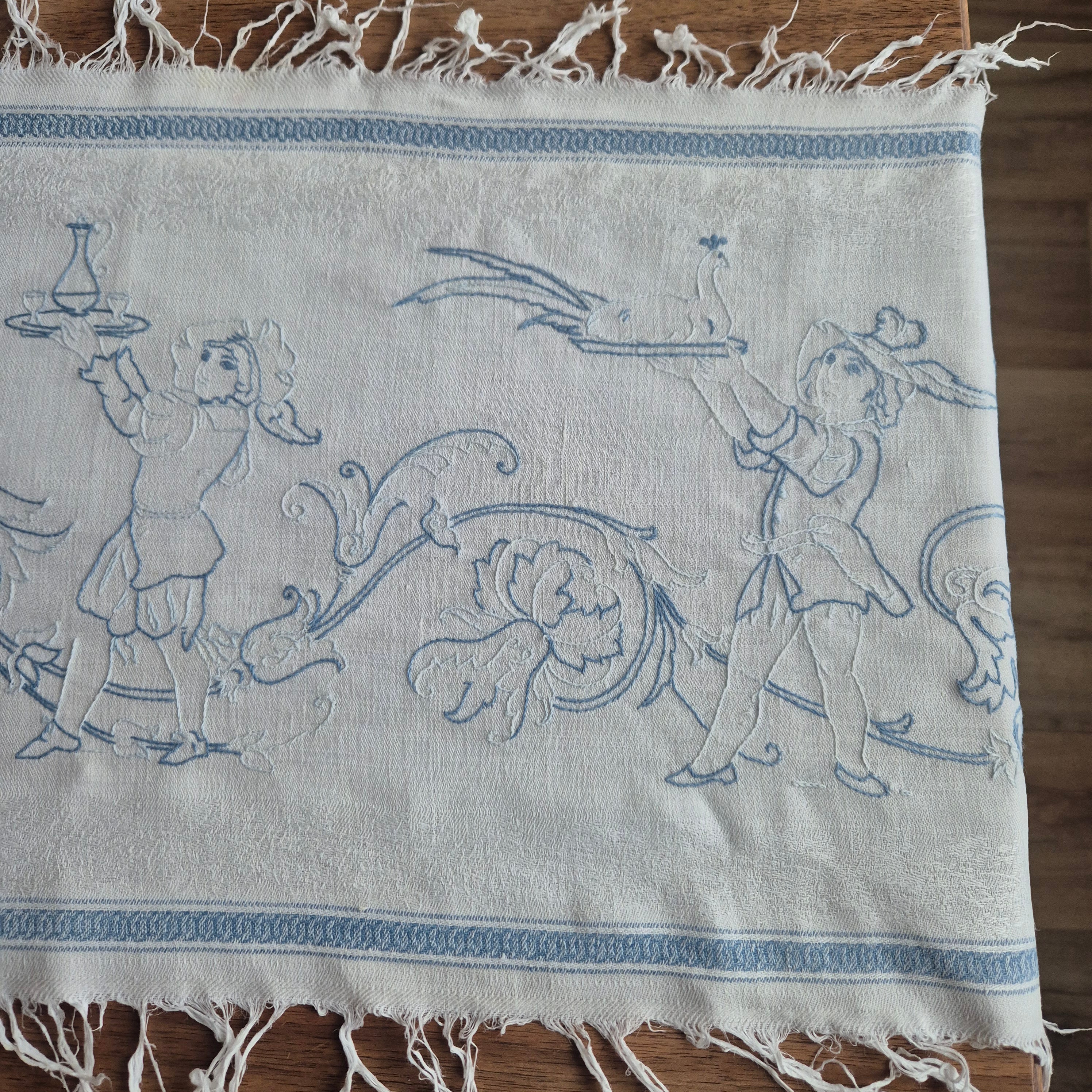 Antiker Baumwolle Tischläufer handbestickt mit mini Fleck! 32x170cm blau weiß