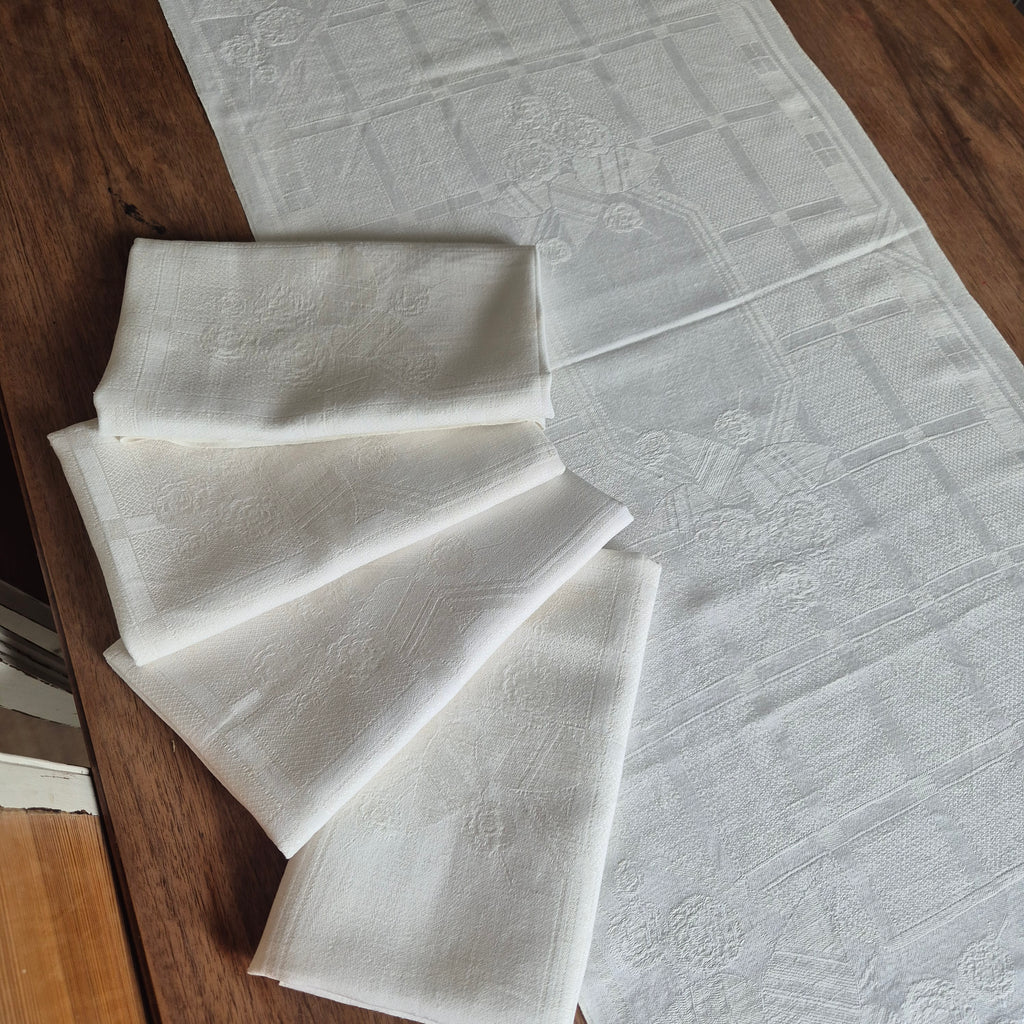 5x Antike Jugendstil Leinen Damast Küchen-&Geschirrtücher cremeweiß