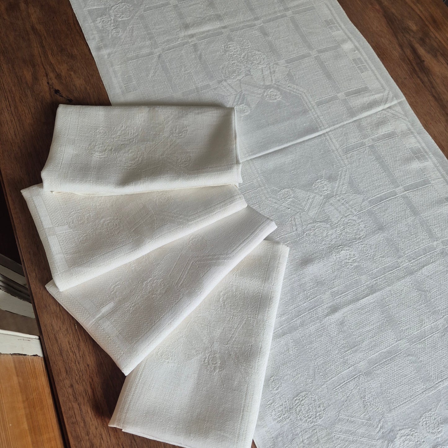 5x Antike Jugendstil Leinen Damast Küchen-&Geschirrtücher cremeweiß