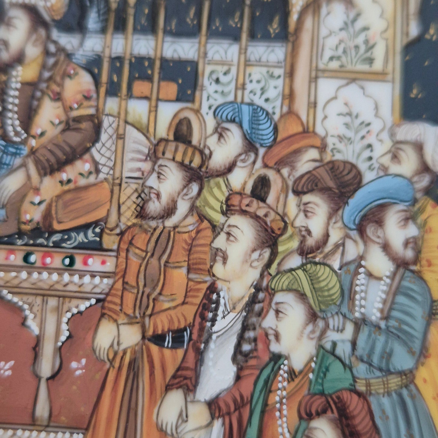 Antike Mogul Miniatur Gemälde Handarbeit König Shamjahan Taj Mahal Gericht Szene