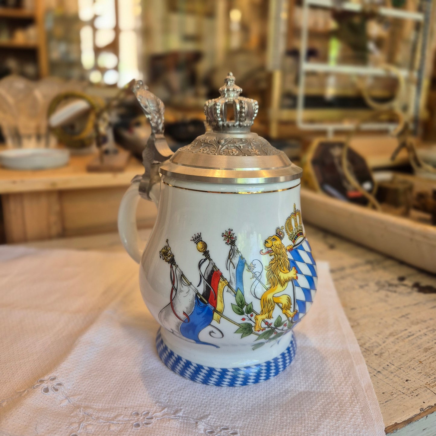 Vintage Porzellan Zinn Bierkrug mit Deckel Geschenk Kühr Sandizell Krug