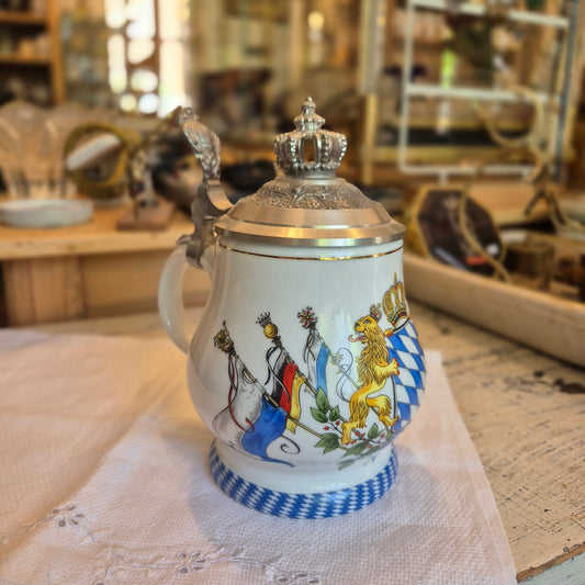 Vintage Porzellan Zinn Bierkrug mit Deckel Geschenk Kühr Sandizell Krug