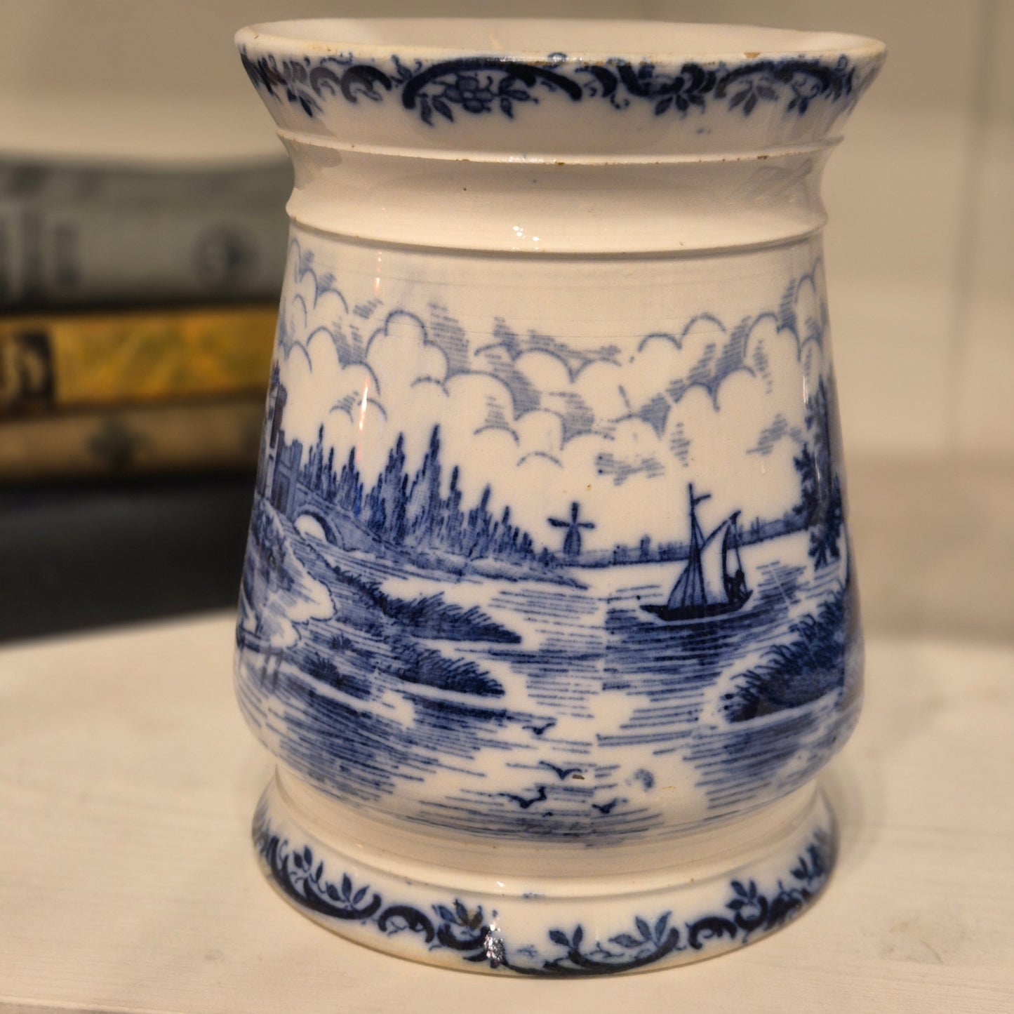 Antike H.H & Cie Delft Vorratsdose ohne Deckel blau weiß 120Jahre alt Kochlöffelhalter Aufschrift "Bohnen"