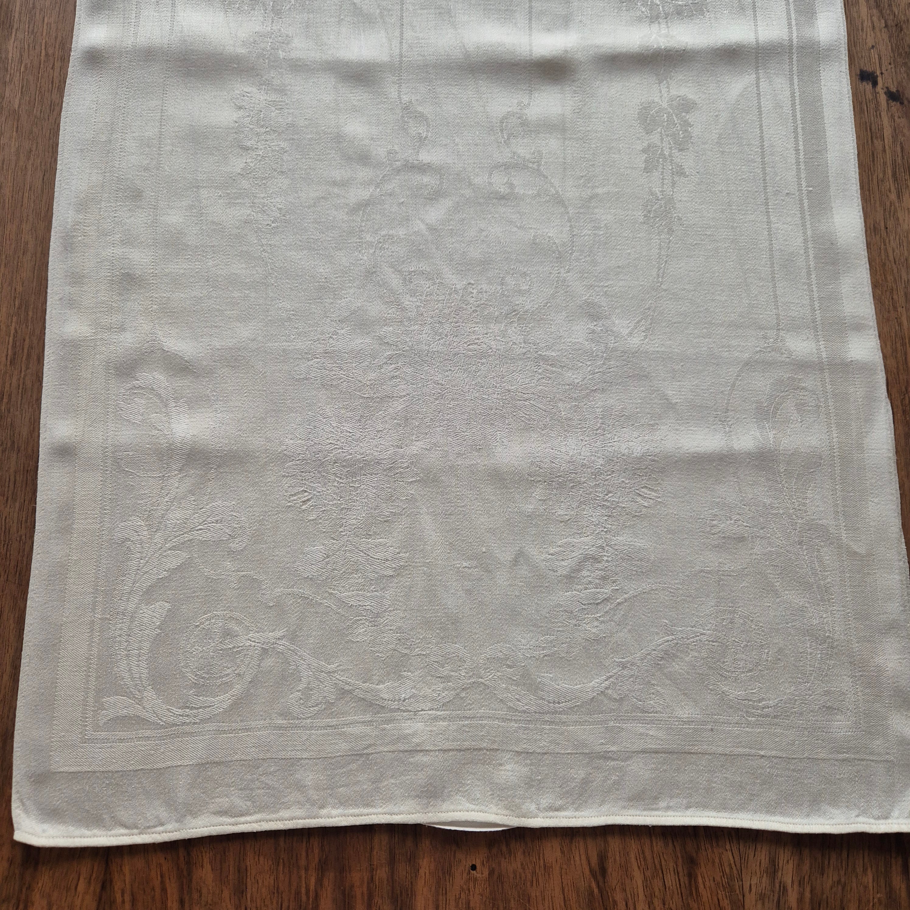 3x Antike Jugendstil Küchen-&Geschirrtücher cremeweiß Löwenzahnmotiv Damast Baumwolle
