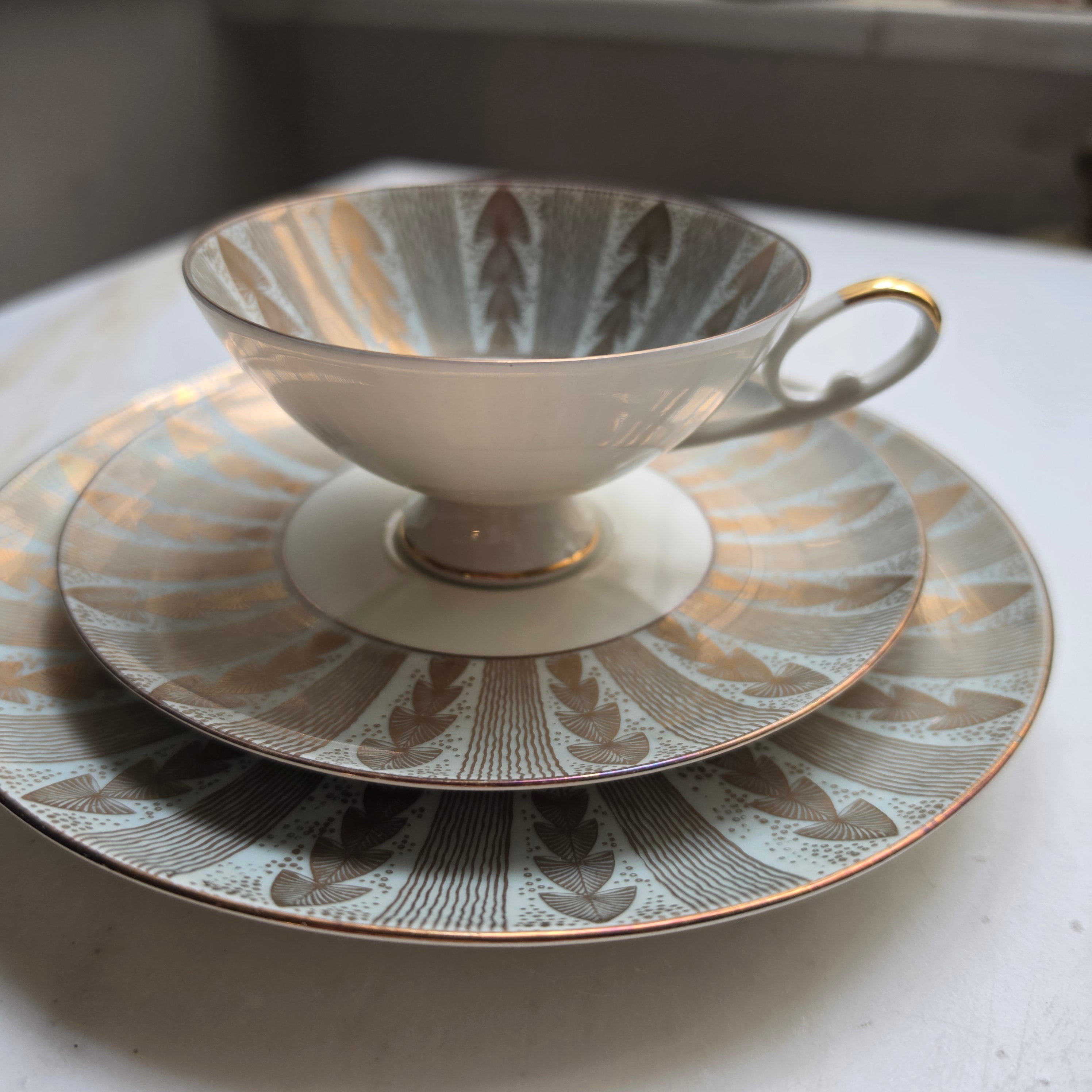 Vintage Alka Kunst Bavaria Sammeltasse 3-teilig | Mid-Century Porzellan Gedeck mit Golddekor & Stilvollem Muster (1950er/60er)