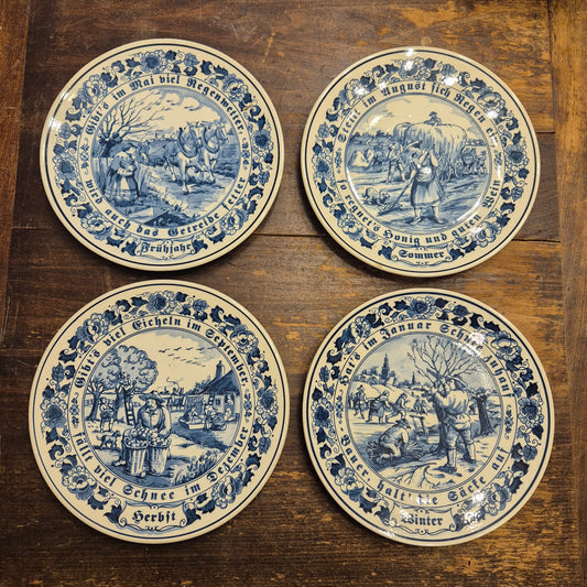 Set von 4 Tellern - 4 Jahreszeiten, Vintage Delft Blue Keramik Wandteller Teller Royal Goedewaagen Holland