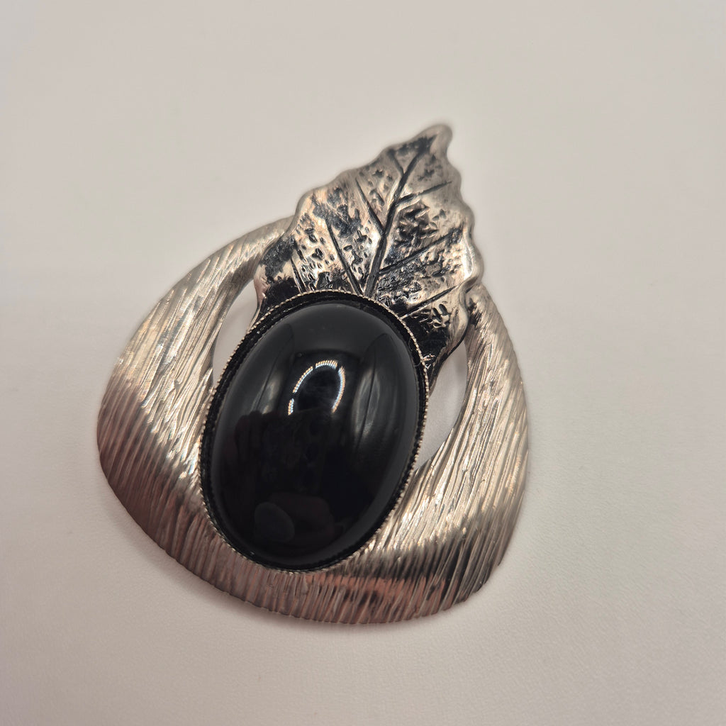 80er Jahre Vintage Brosche silberfarben schwarz Eichenblatt