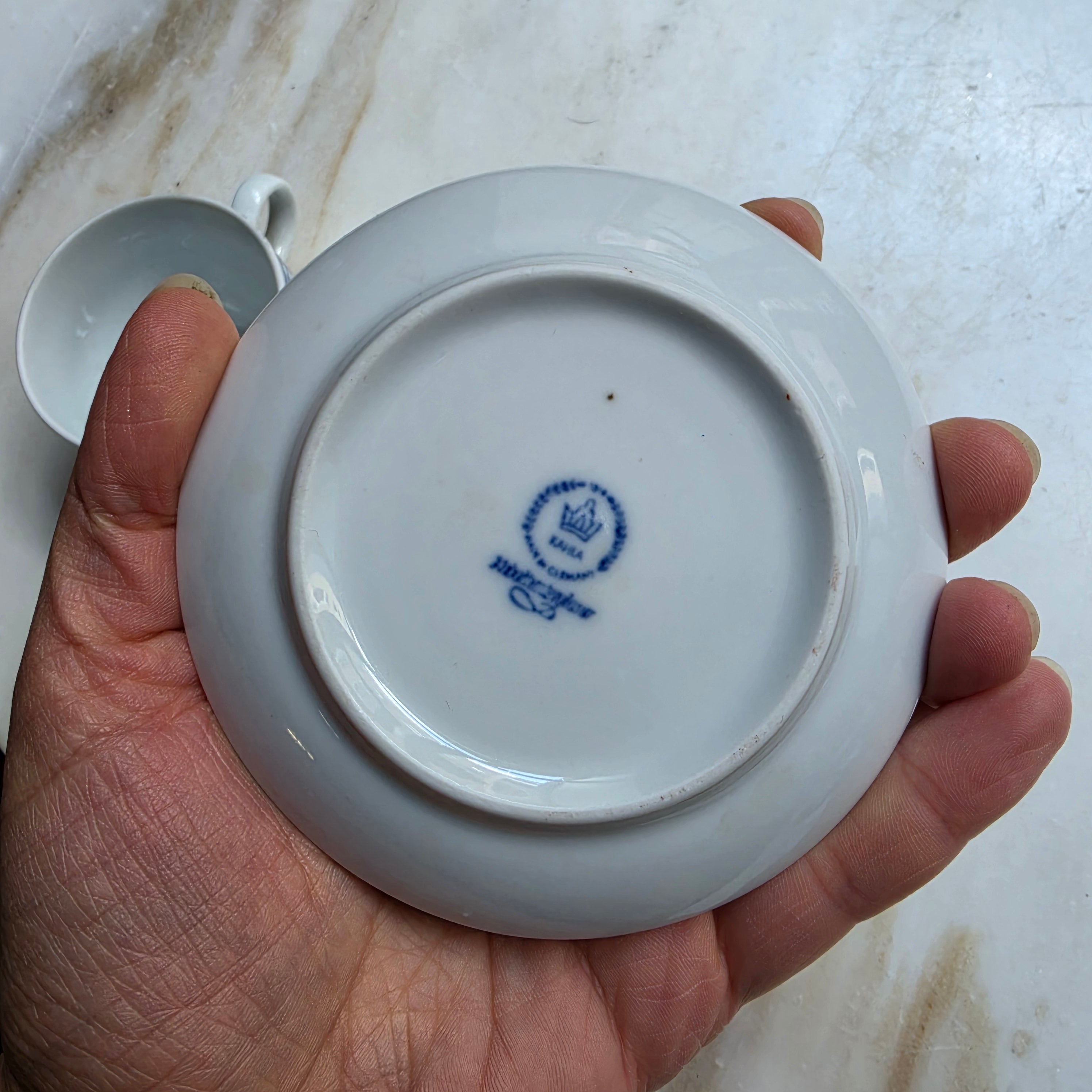 1x Kahla GDR Zwiebelmuster Kobaltunterglasur Mokkatasse mit Untertassen Vintage blau weiß