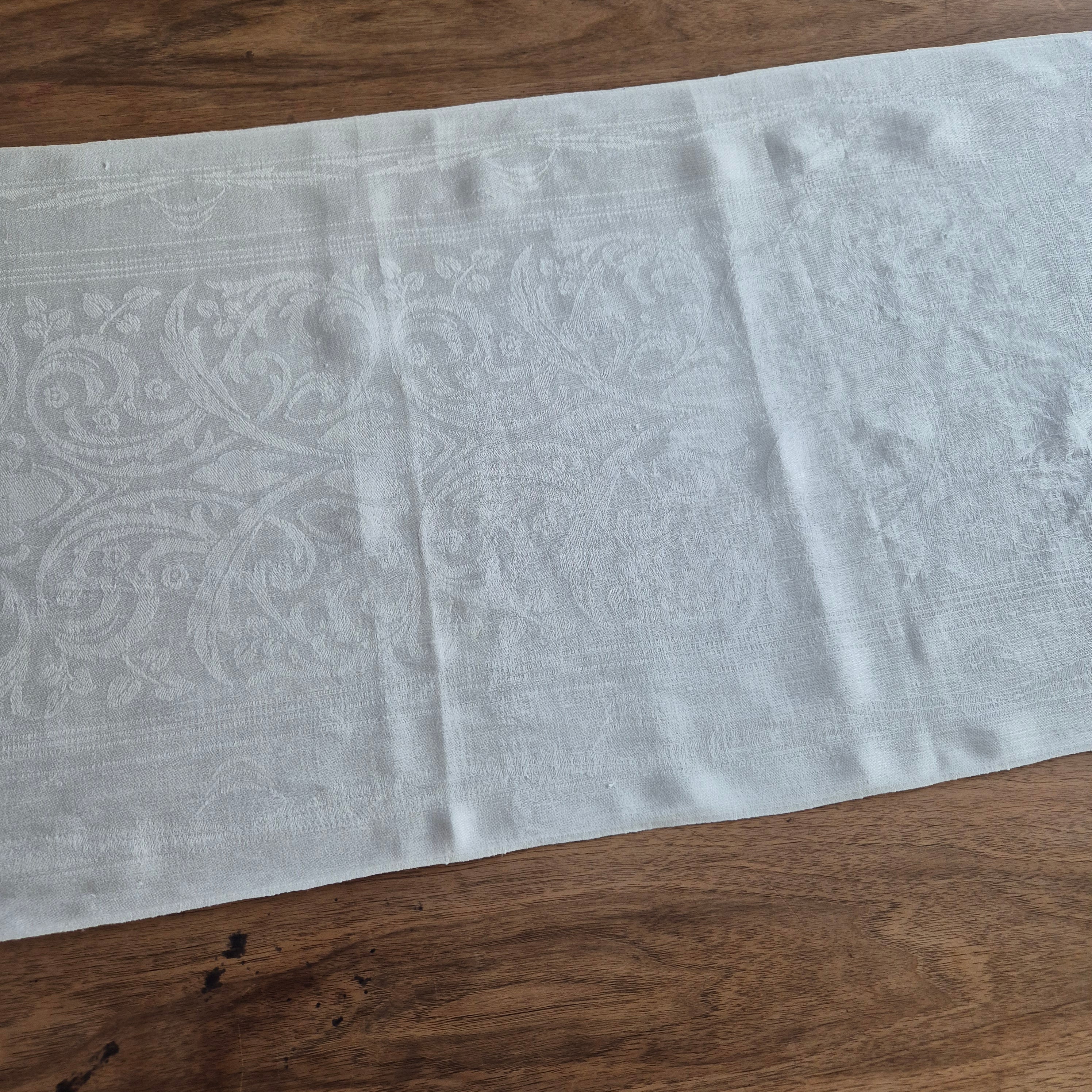 Antikes Jugendstil Küchen-&Geschirrtuch weiß Damast Baumwolle 108x47cm Ornamente