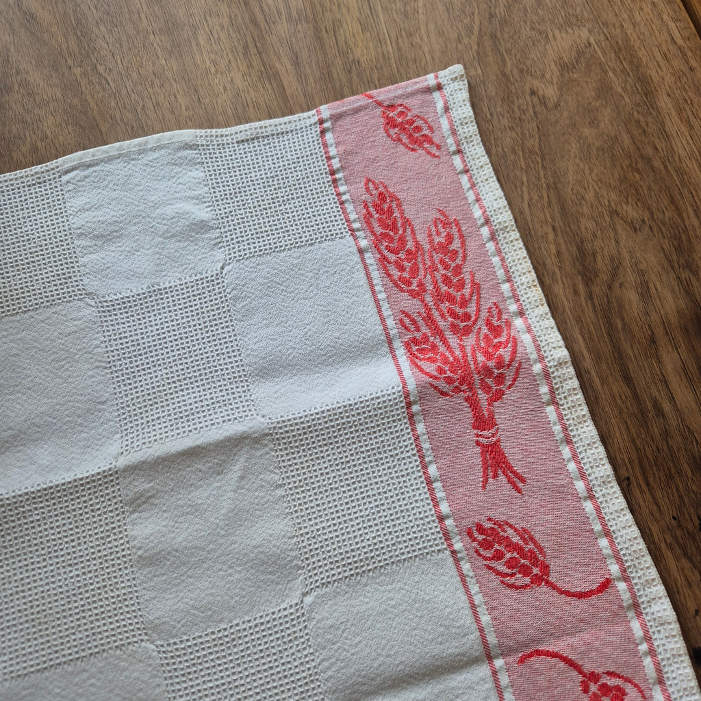 Antikes Jugendstil Küchen-& Geschirrhandtuch weiß rot Leinen 66x44cm Weizenmotiv Getreide ♡