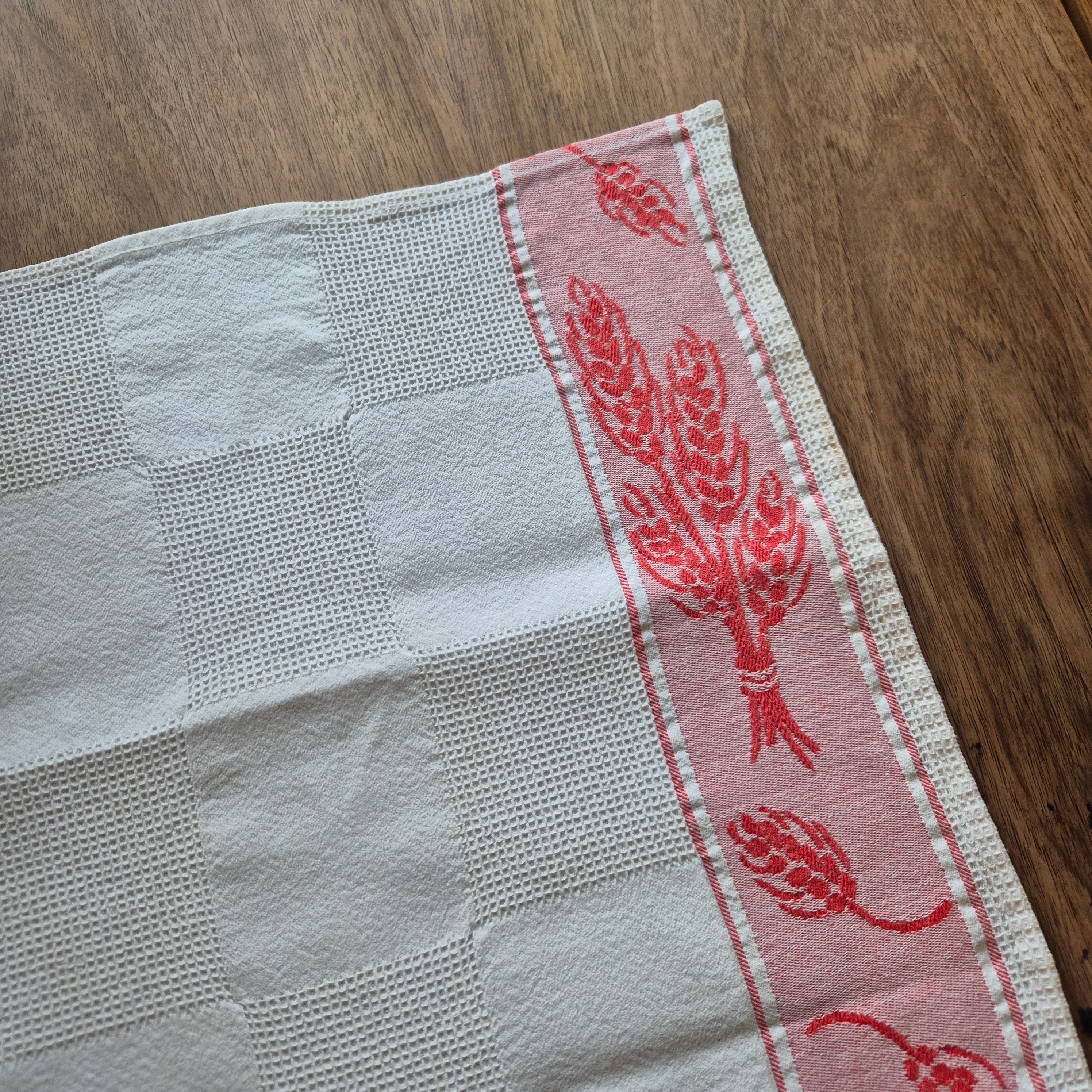 Antikes Jugendstil Küchen-& Geschirrhandtuch weiß rot Leinen 66x44cm Weizenmotiv Getreide ♡