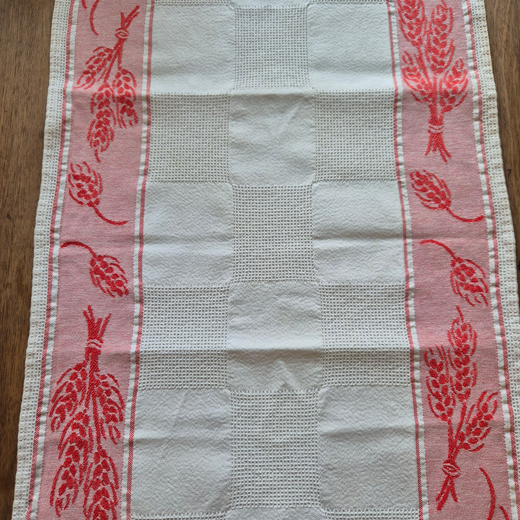 Antikes Jugendstil Küchen-& Geschirrhandtuch weiß rot Leinen 66x44cm Weizenmotiv Getreide ♡